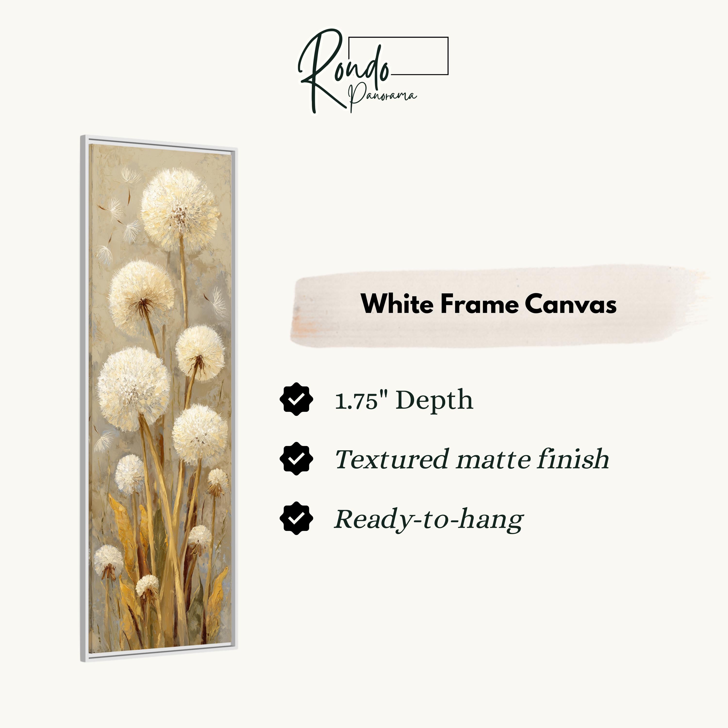 The image is a white frame canvas featuring a painting of dandelions.