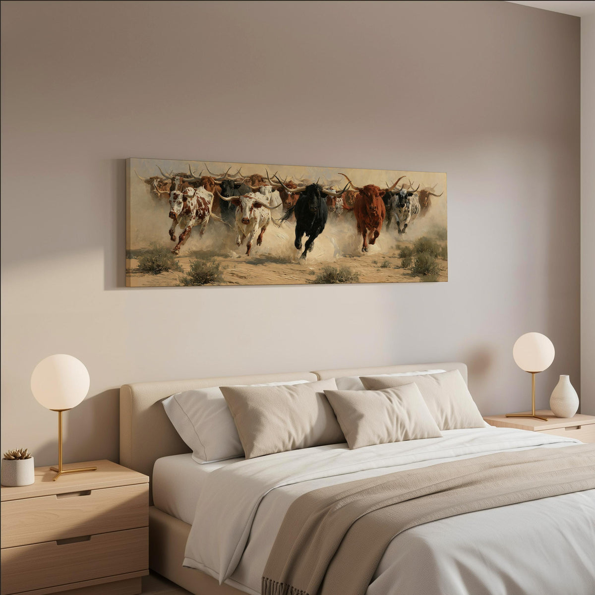 Charging longhorn herd wide panoramic canvas print above a bed in a neutral bedroom