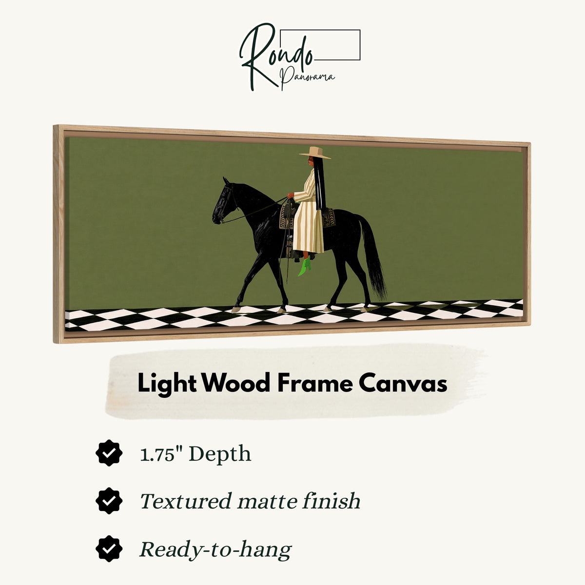 Woman riding a black horse on a checkerboard canvas print in a light wood floating frame