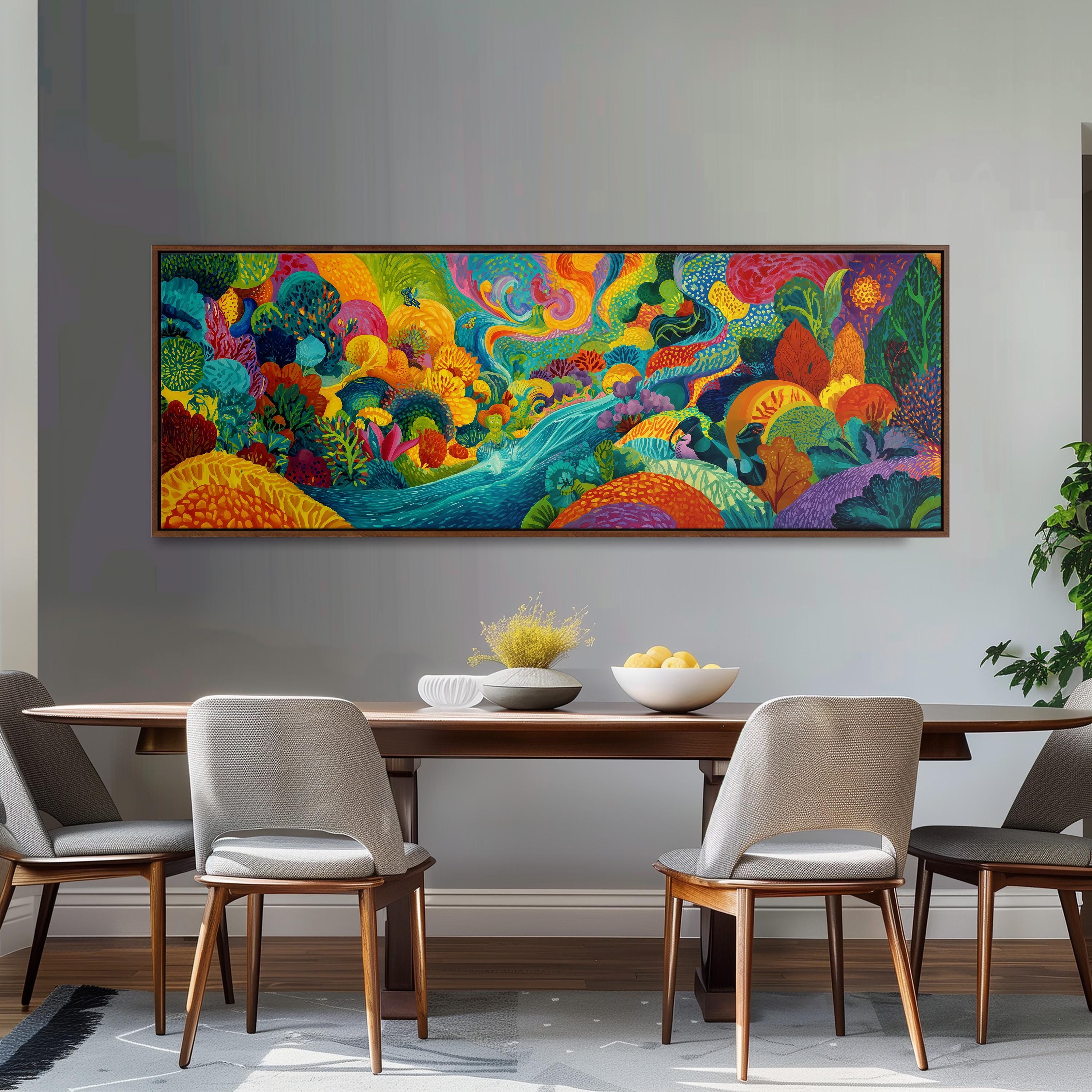 a large, colorful painting hanging on a wall above a wooden dining table with four chairs. The painting depicts a vibrant, abstract landscape with various elements such as flowers, plants, and a winding path.