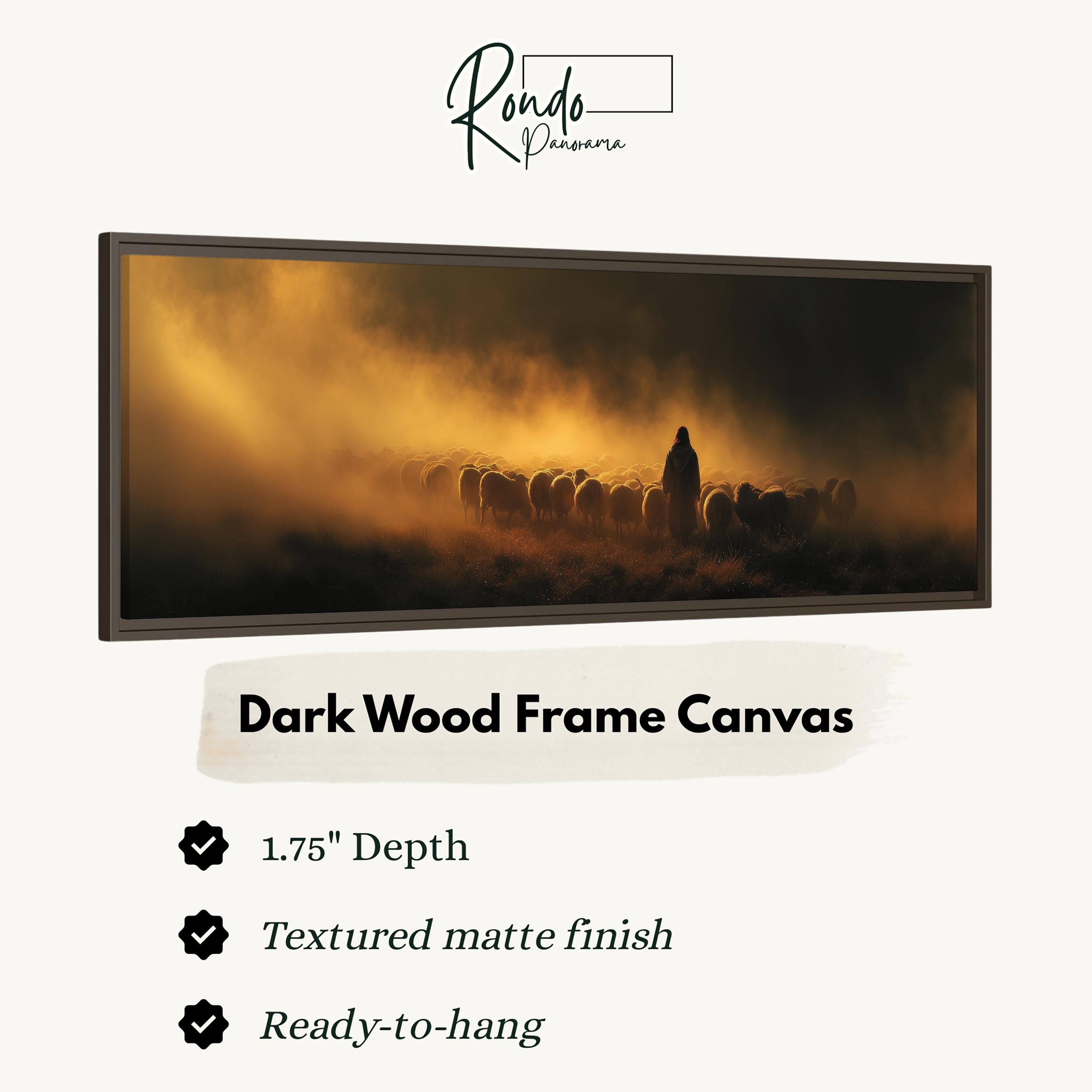 The image is a dark wood frame canvas depicting a herd of sheep in a foggy field.