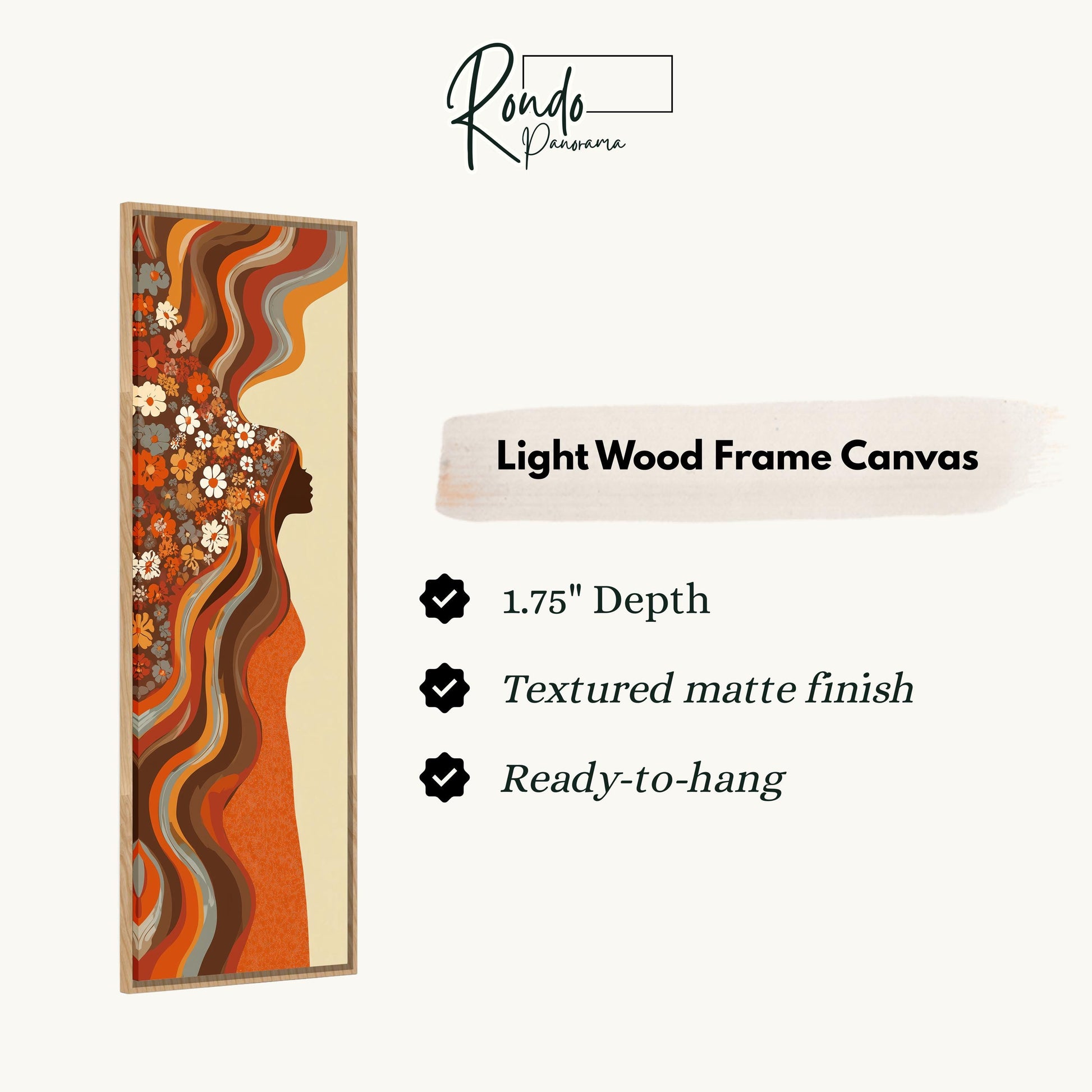 The image is a light wood frame canvas featuring an abstract floral design.
