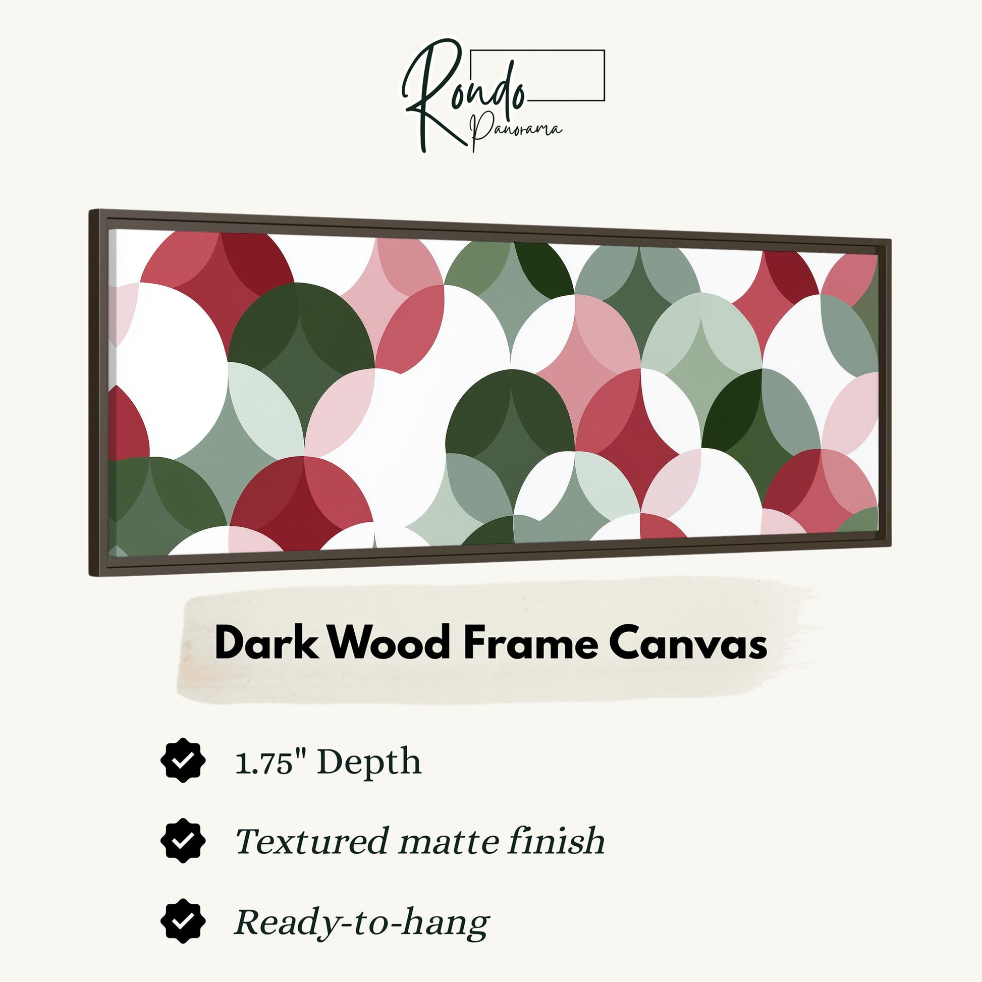 The image is a product advertisement for a dark wood frame canvas. It features a close-up of a circular pattern in shades of green, red, and white. The advertisement provides details about the product, including its dimensions, finish, and hanging capabilities.
