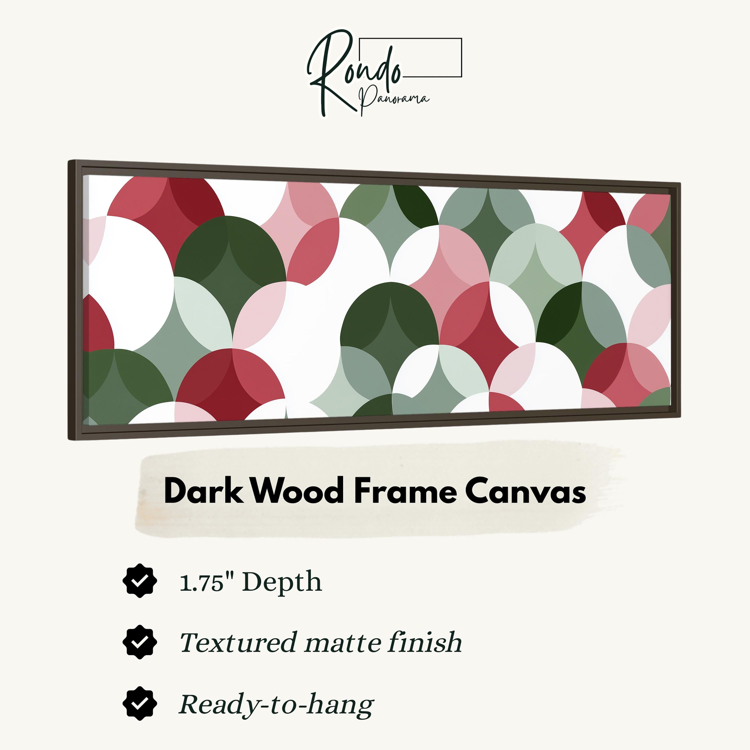 The image is a product advertisement for a dark wood frame canvas. It features a close-up of a circular pattern in shades of green, red, and white. The advertisement provides details about the product, including its dimensions, finish, and hanging capabilities.
