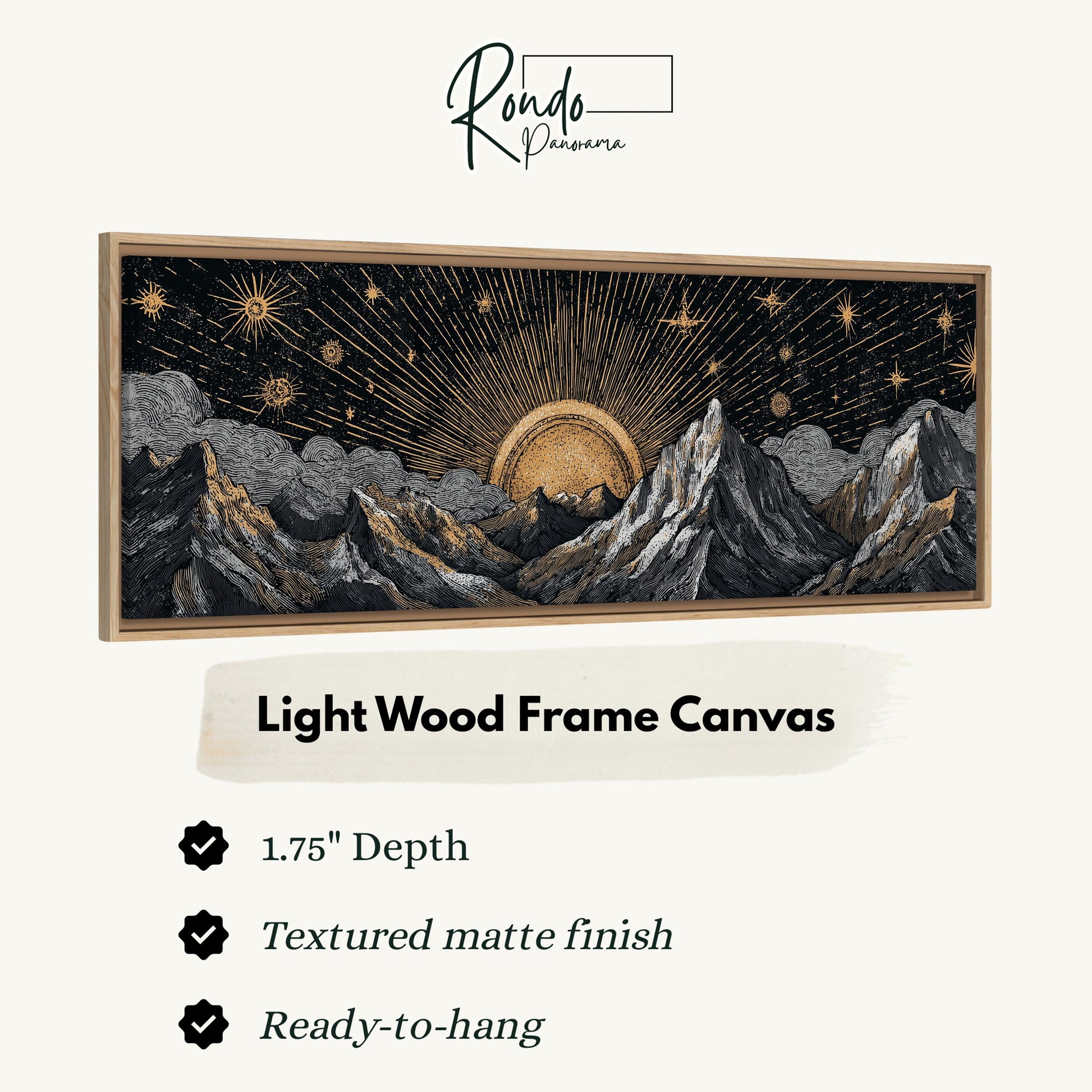 The image is a framed artwork depicting a night sky with a sun and mountains.