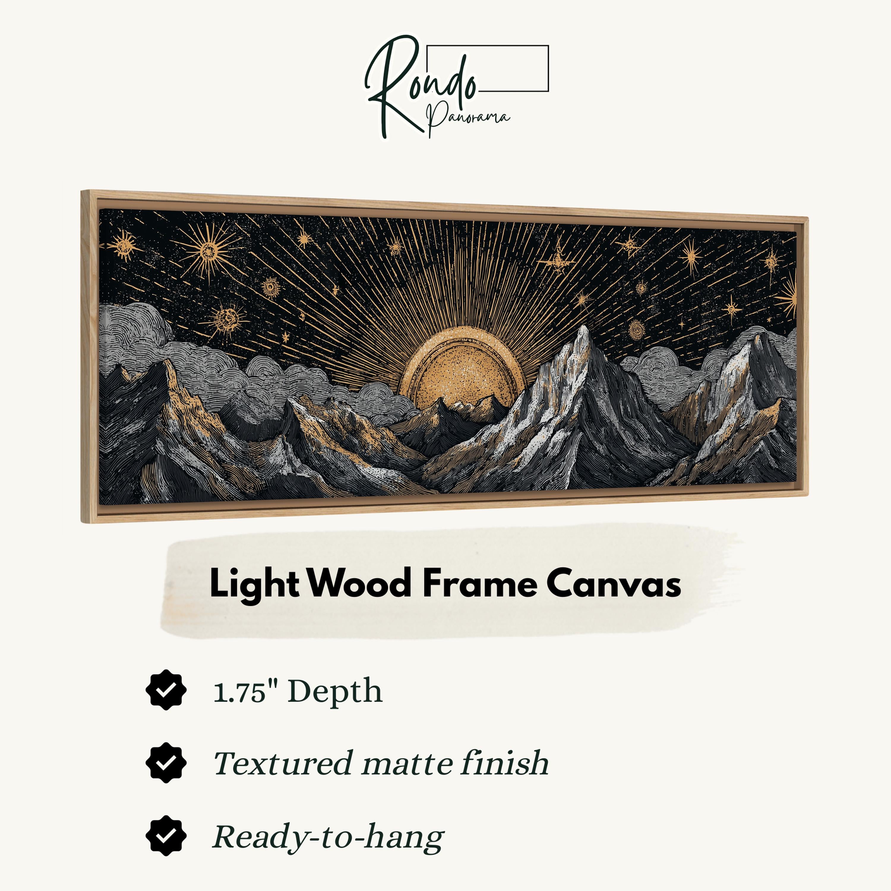 The image is a framed artwork depicting a night sky with a sun and mountains.