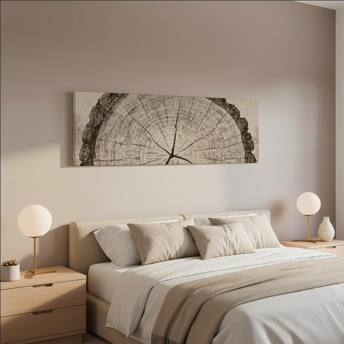 Sepia tree ring with radial cracks wide panoramic canvas print above a bed in a neutral bedroom