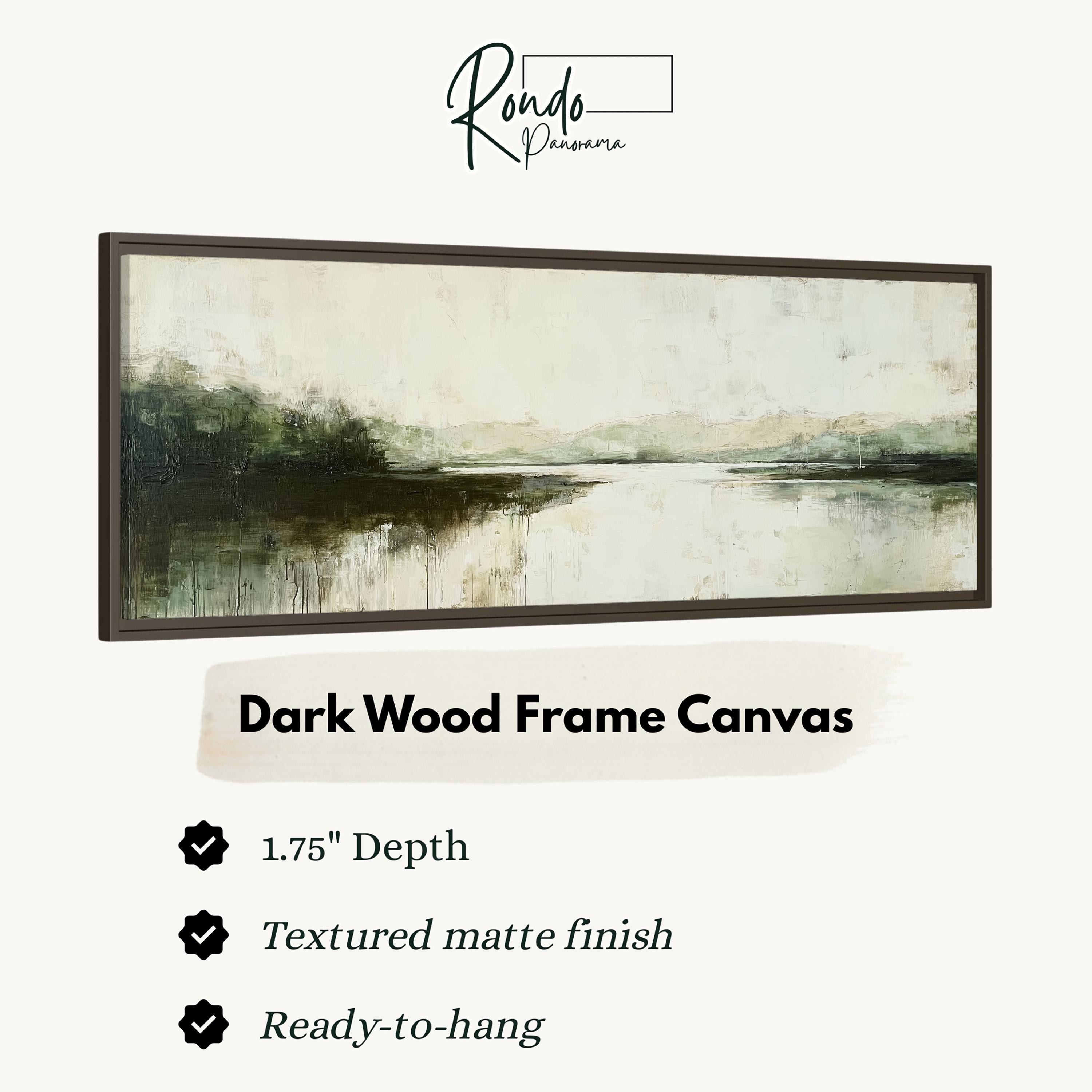 The image is a product advertisement for a dark wood frame canvas. It features a painting of a landscape with a lake and trees. The advertisement highlights the canvas's features, such as its 1.75" depth, textured matte finish, and ready-to-hang nature.