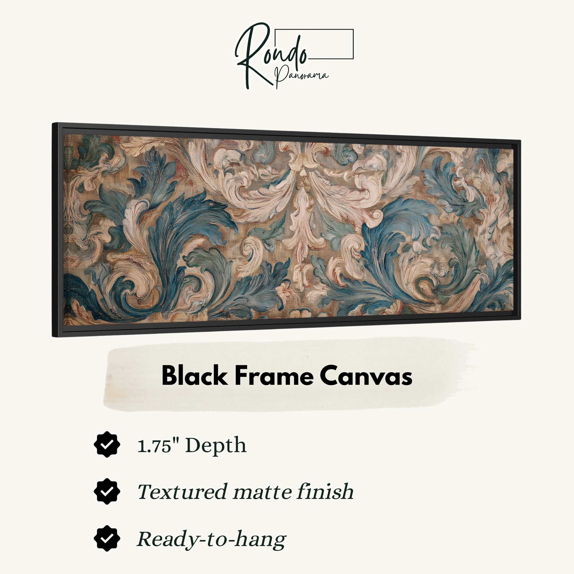 a black frame canvas with a detailed floral pattern in shades of blue and green. The canvas has a 1.75" depth and is textured with a matte finish. It is ready to hang and is described as a "Black Frame Canvas".
