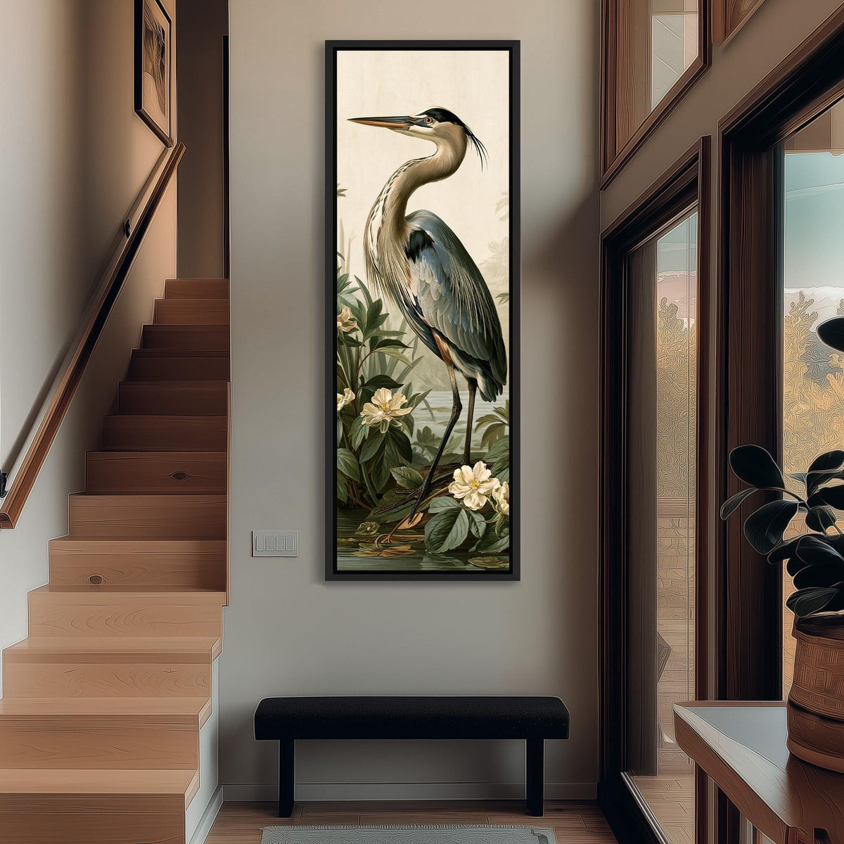 Blue heron among magnolia blooms tall narrow canvas print beside a staircase in an entryway