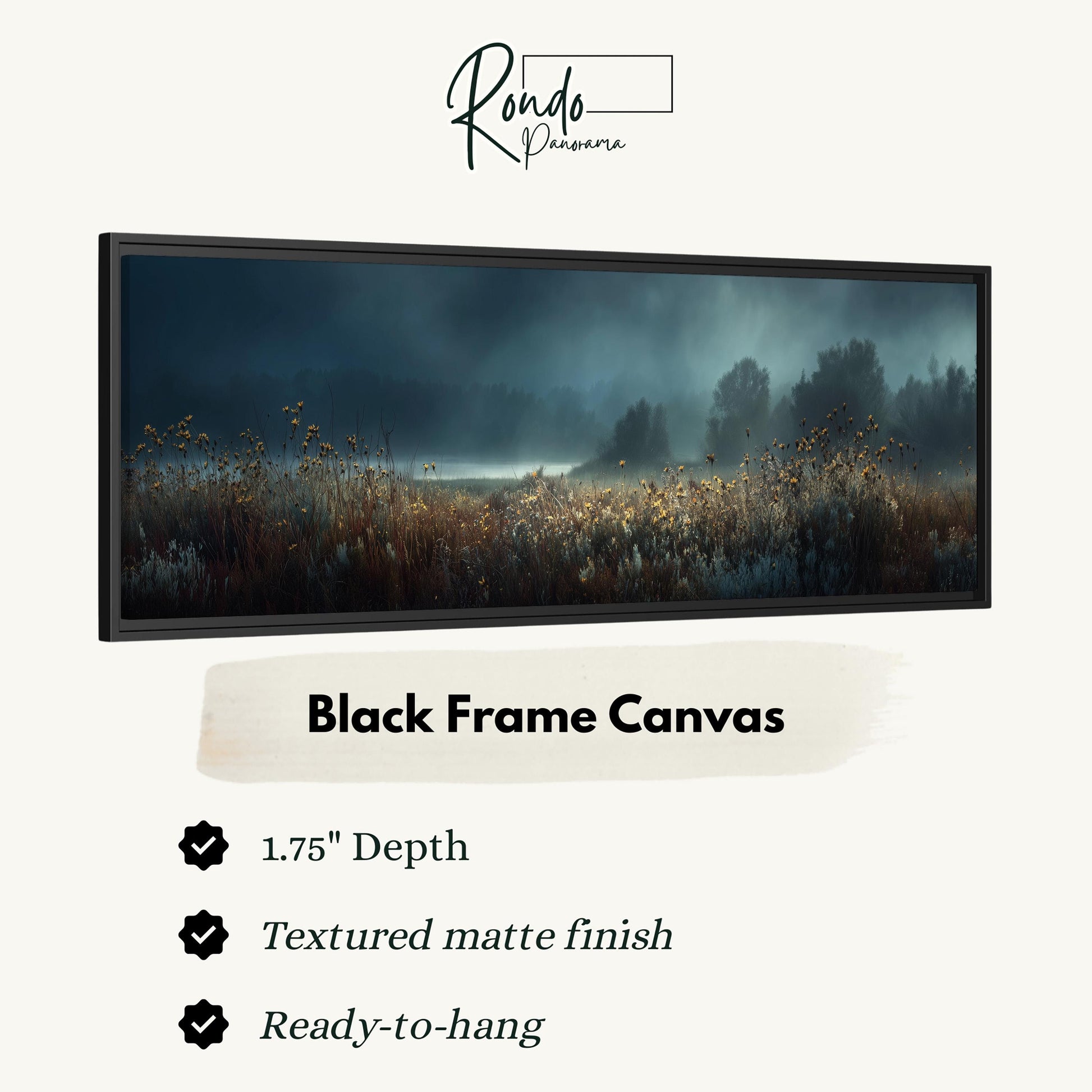 The image is a black frame canvas depicting a serene landscape with a field of tall grass and a body of water in the distance.