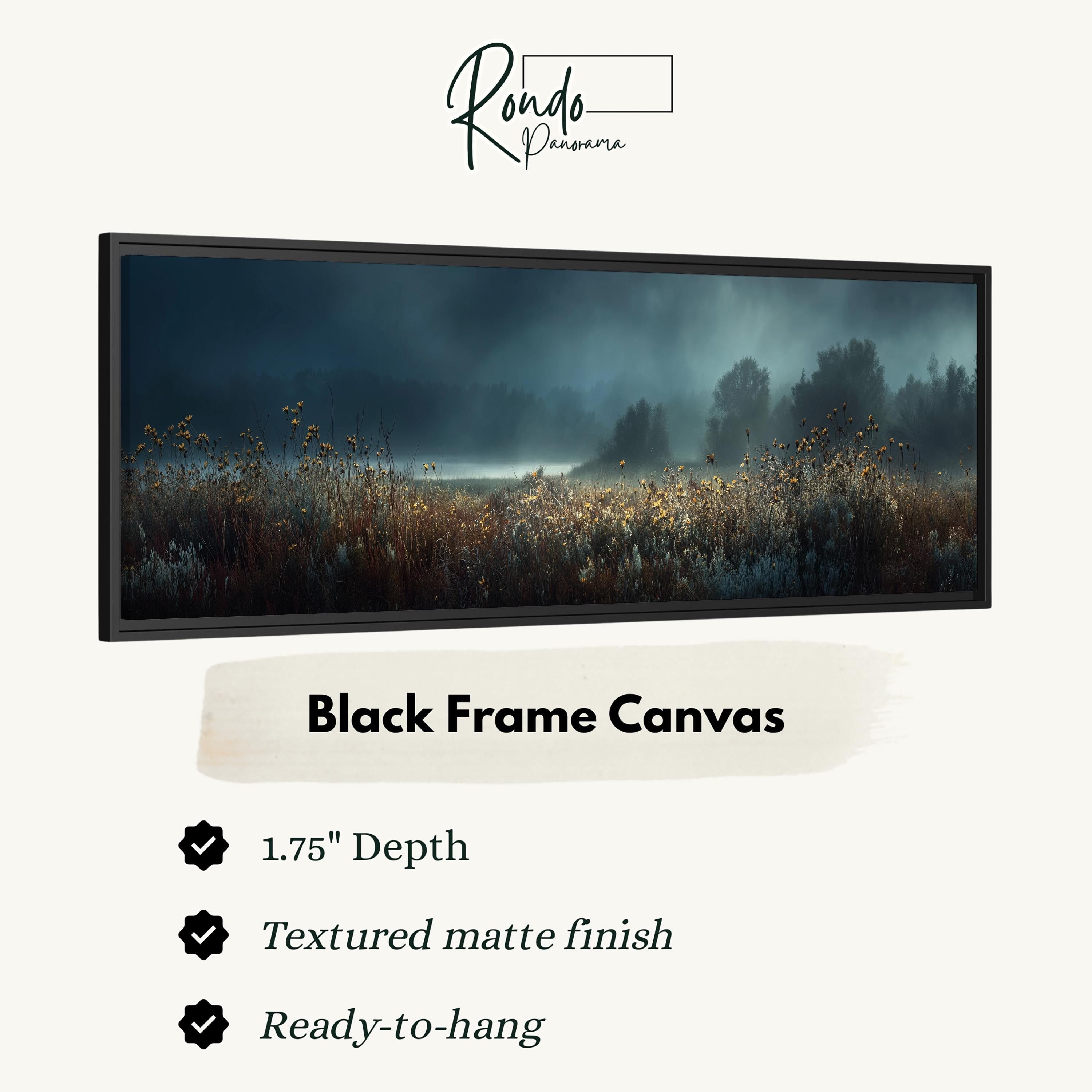 The image is a black frame canvas depicting a serene landscape with a field of tall grass and a body of water in the distance.