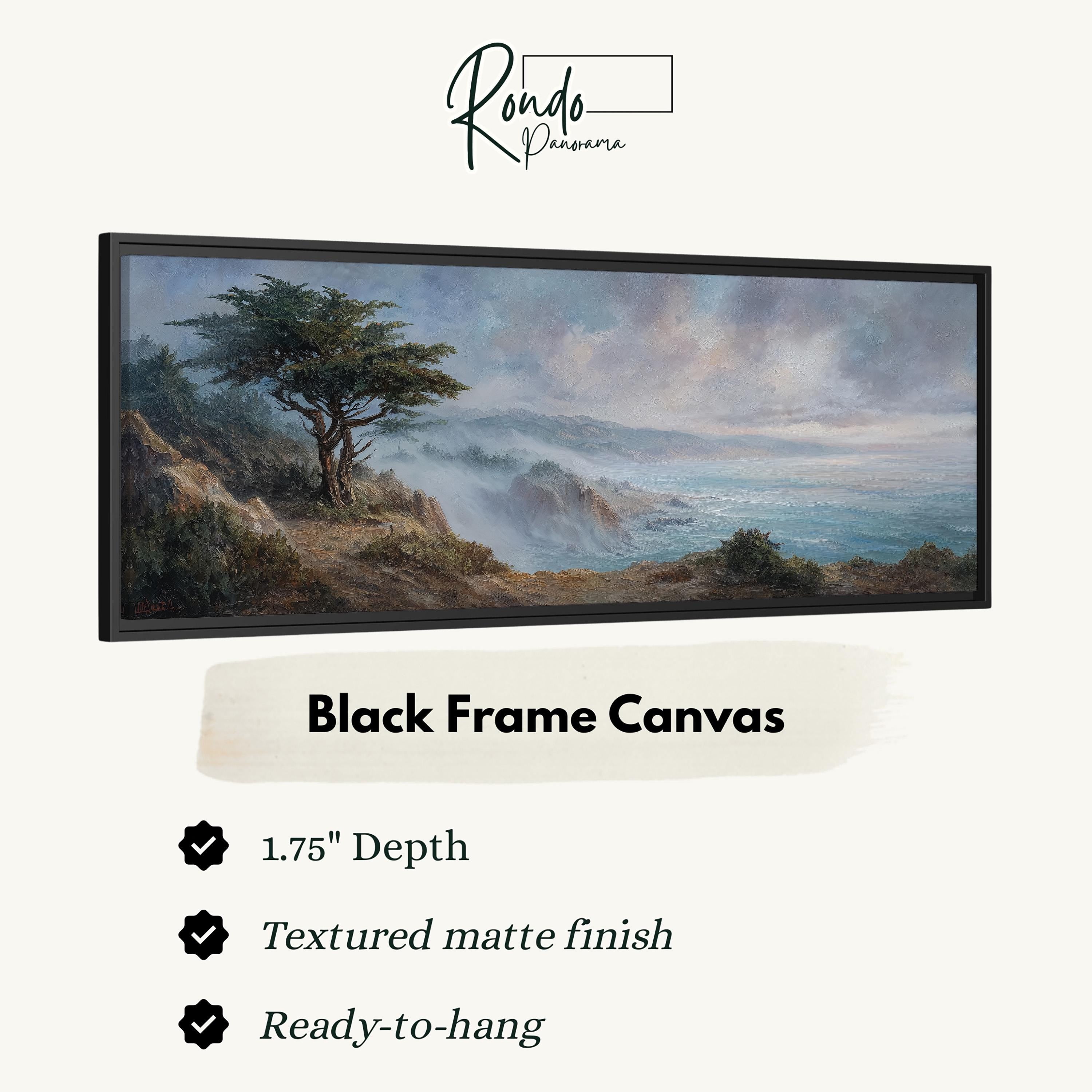 The image is a black frame canvas depicting a landscape with a tree and mountains in the background.