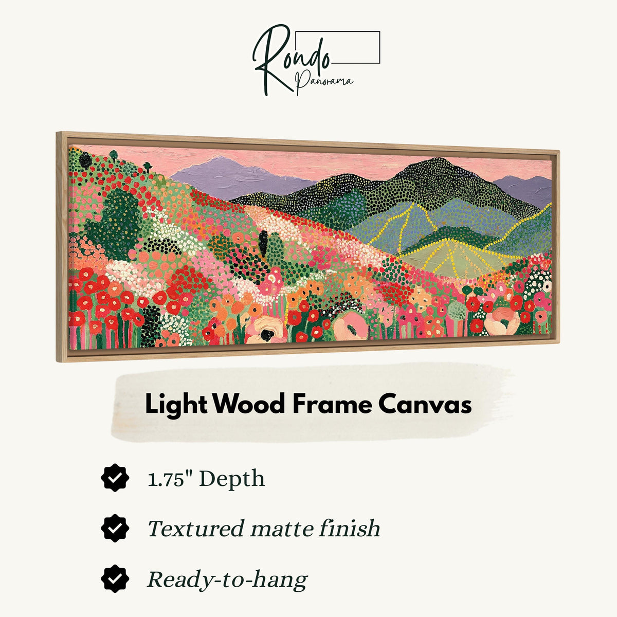 Dotted poppy mountains under a pink sky canvas print in a light wood floating frame