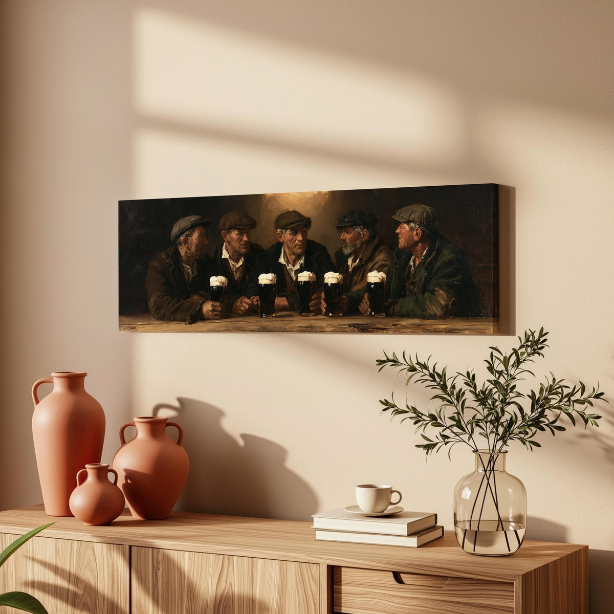 Friends toasting with stout in an Irish pub long horizontal canvas print above a wooden sideboard
