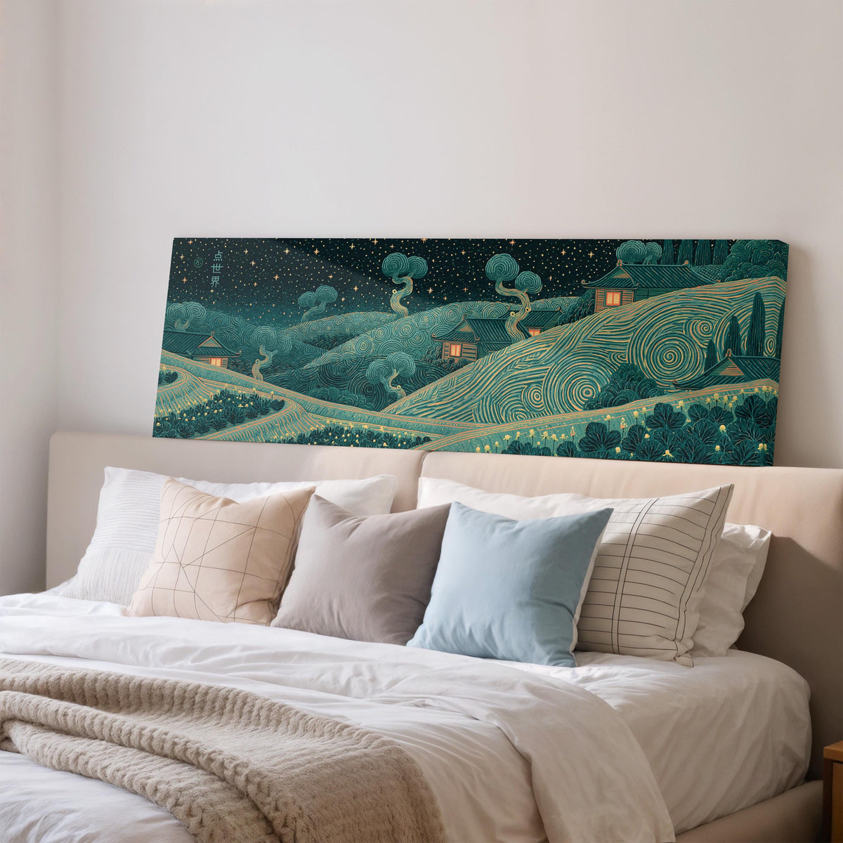 Village on swirling hills at night wide panoramic canvas print above a bed in a bedroom