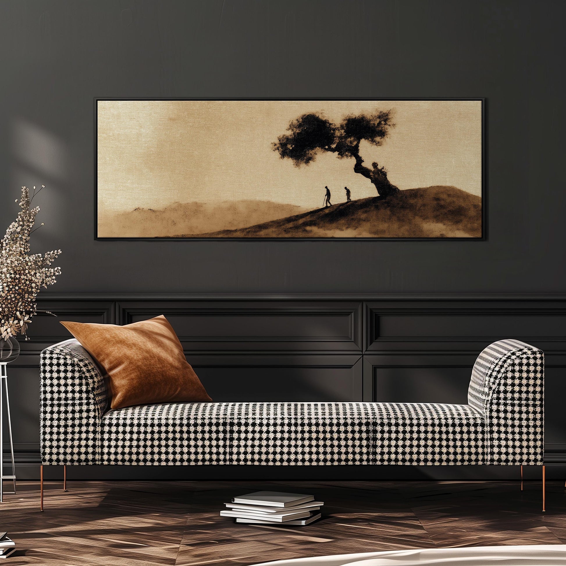 a black and white checkered sofa with a brown throw pillow, set against a dark wall with a framed landscape painting hanging above it.