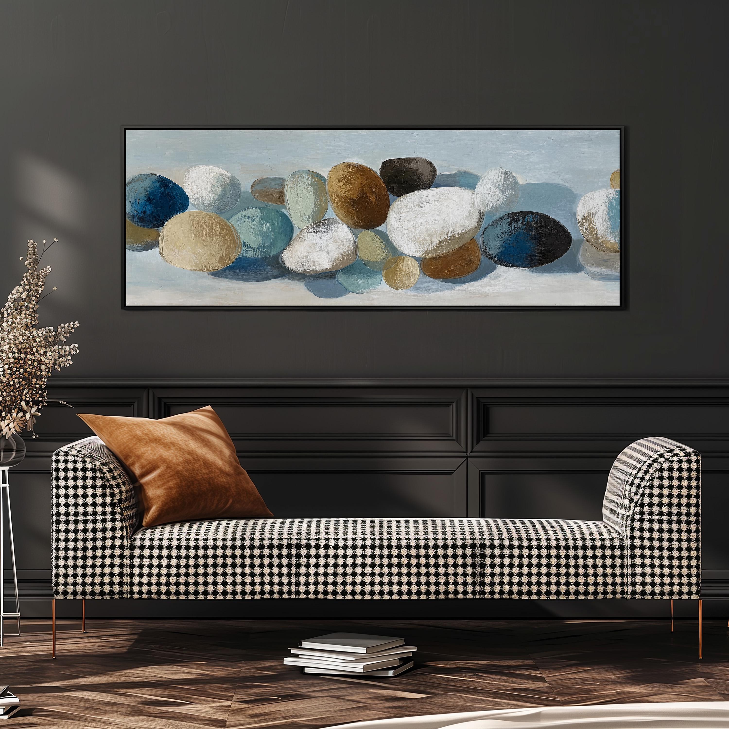 a black and white checkered sofa with a brown throw pillow, set against a dark wall with a large abstract painting hanging above it.