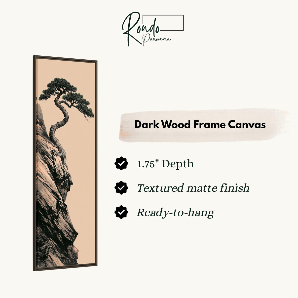 Pine tree growing from a cliff on blush canvas print in a dark wood floating frame