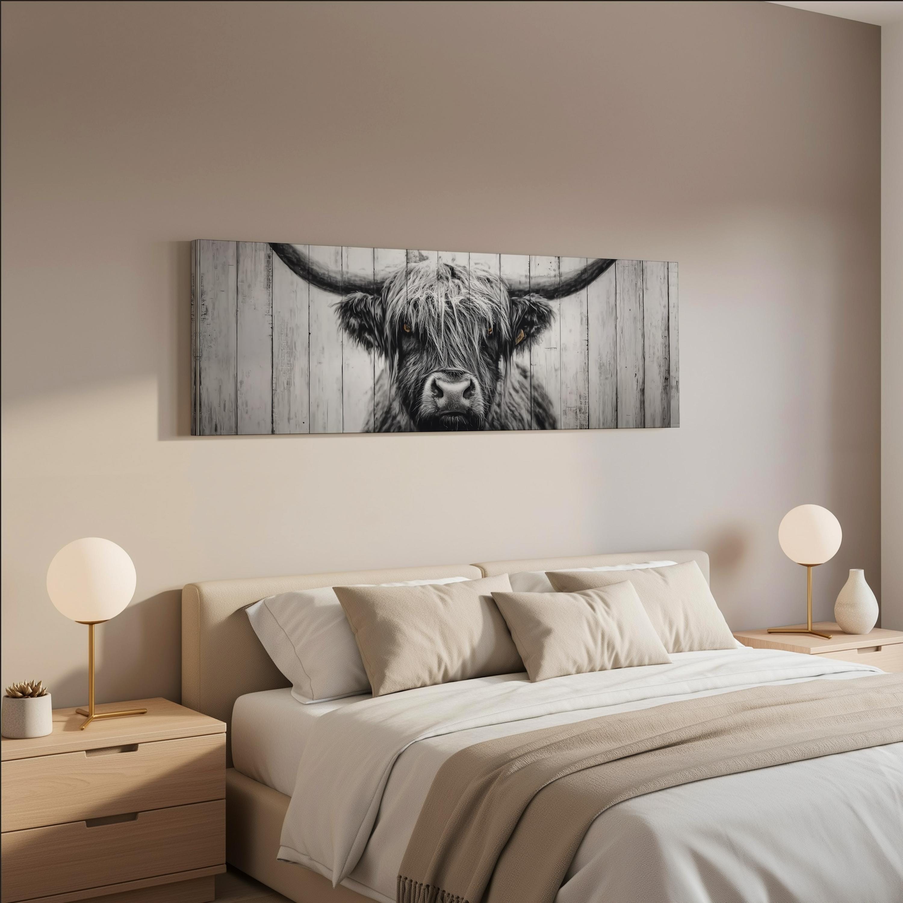 a bedroom with a large bed, two nightstands with lamps, and a framed artwork of a cow's head on the wall above the bed.
