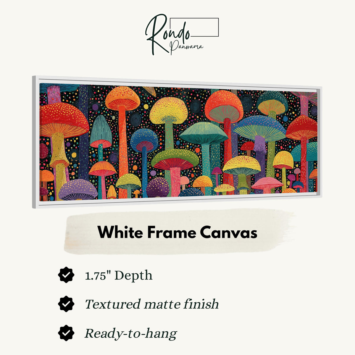Colorful dotted mushrooms at midnight canvas print in a white floating frame