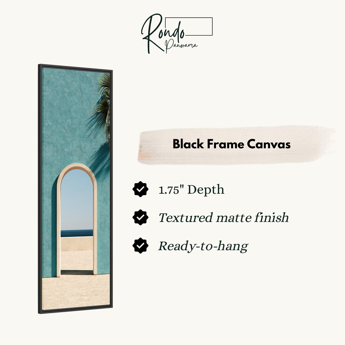 Arched doorway in a teal wall opening to the sea canvas print in a black floating frame