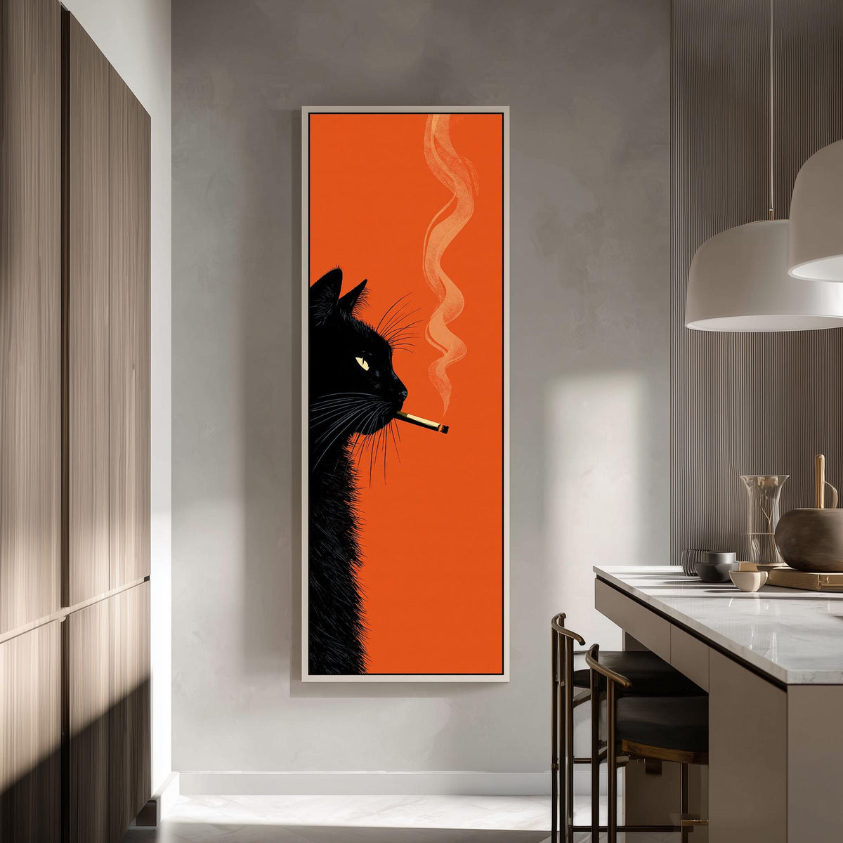 Black cat profile with curling smoke on orange tall skinny canvas print in a modern kitchen