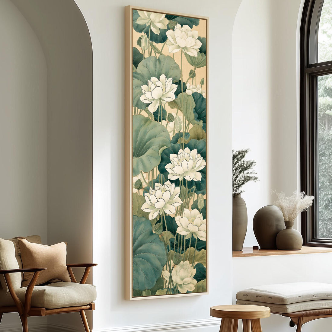 White lotus flowers and leaves long vertical canvas print in a sunlit living space