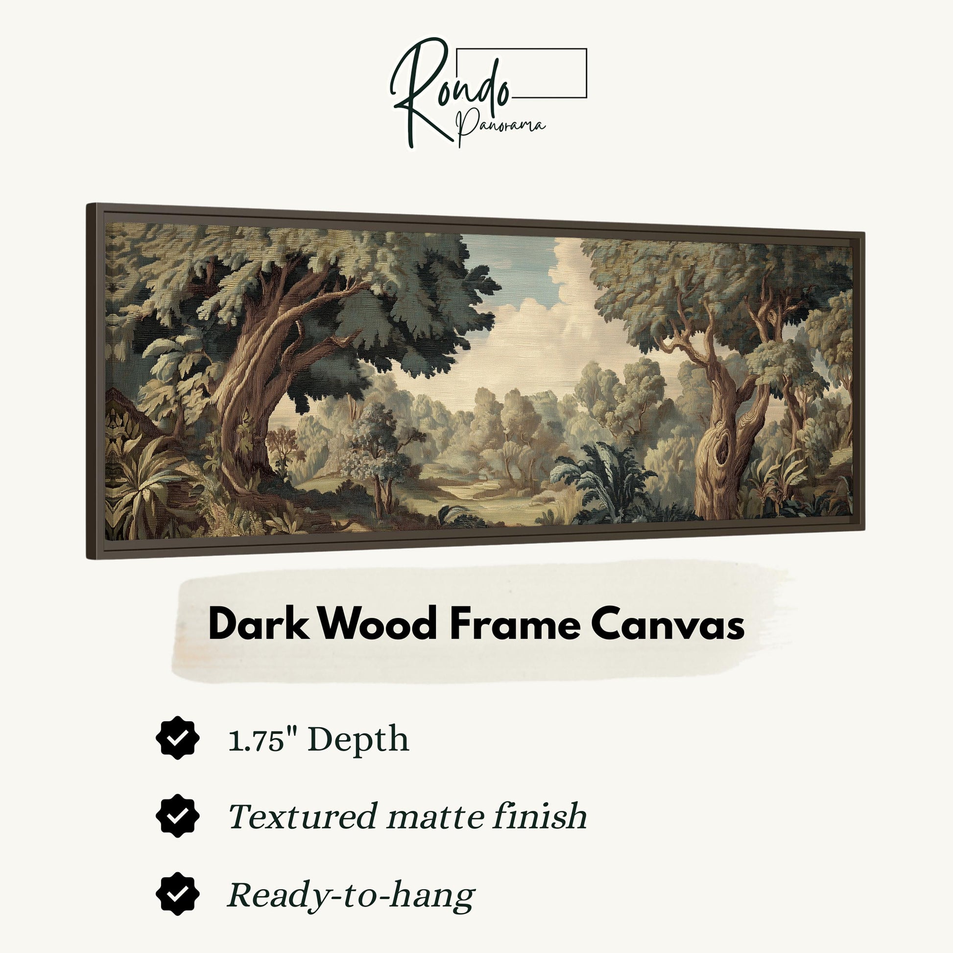 The image is a framed artwork depicting a lush, forested landscape with trees and foliage. The frame is described as a dark wood frame canvas, which is 1.75" deep and has a textured matte finish. It is ready to hang.