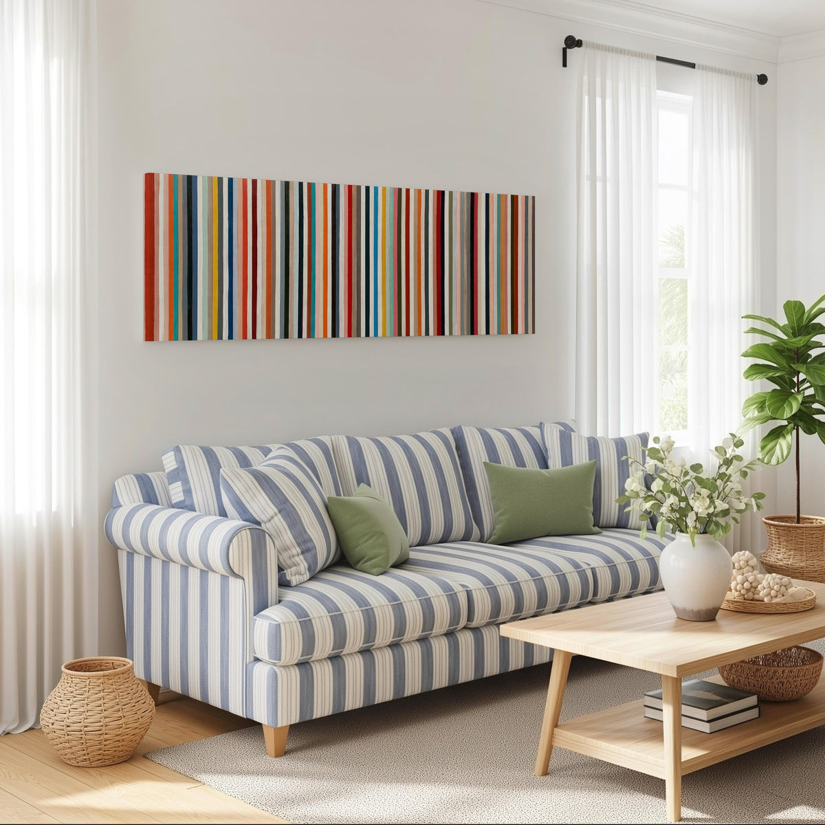 Rainbow pinstripes long horizontal canvas print above a striped sofa in a coastal living room