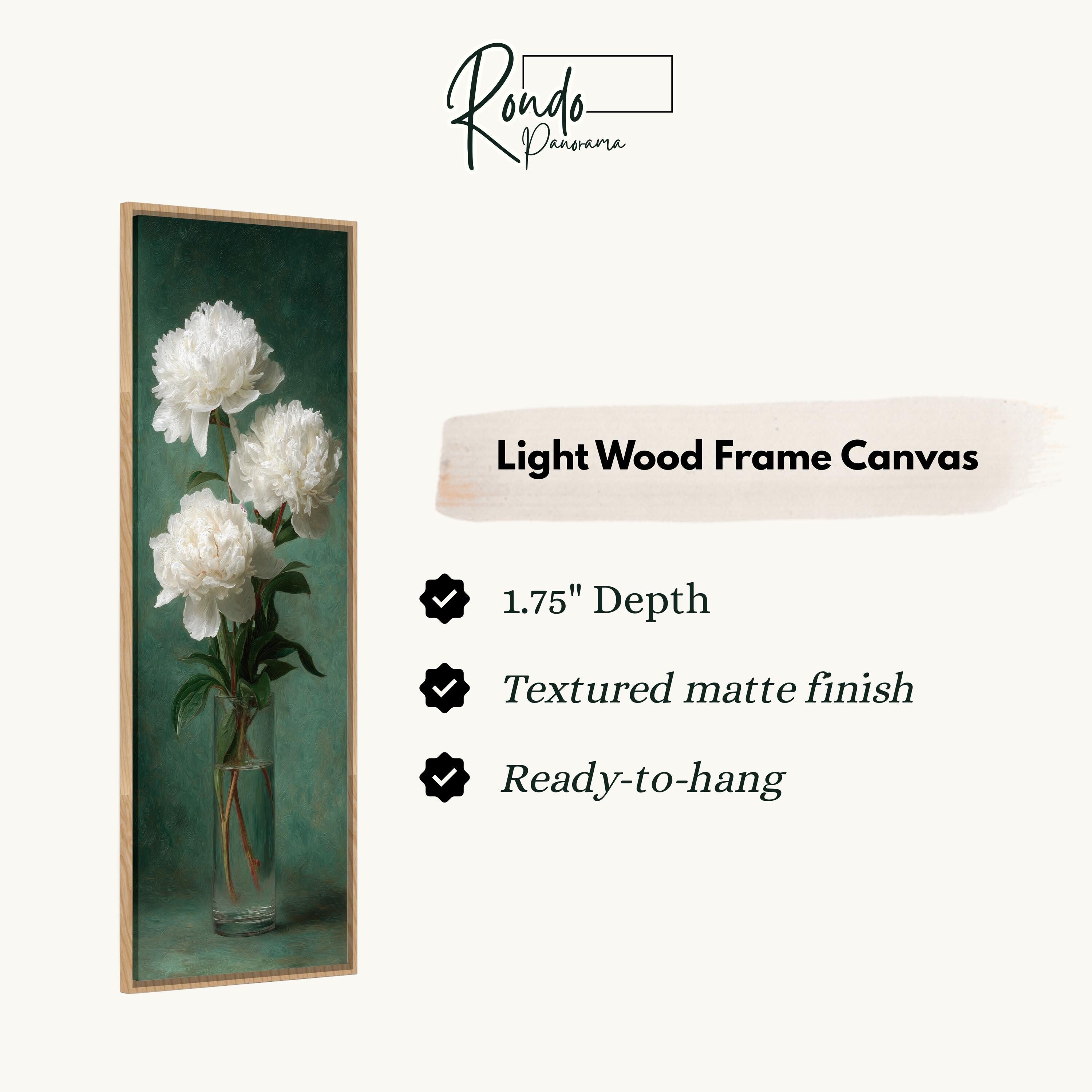 The image is a framed painting of white peonies in a vase, with a light wood frame.