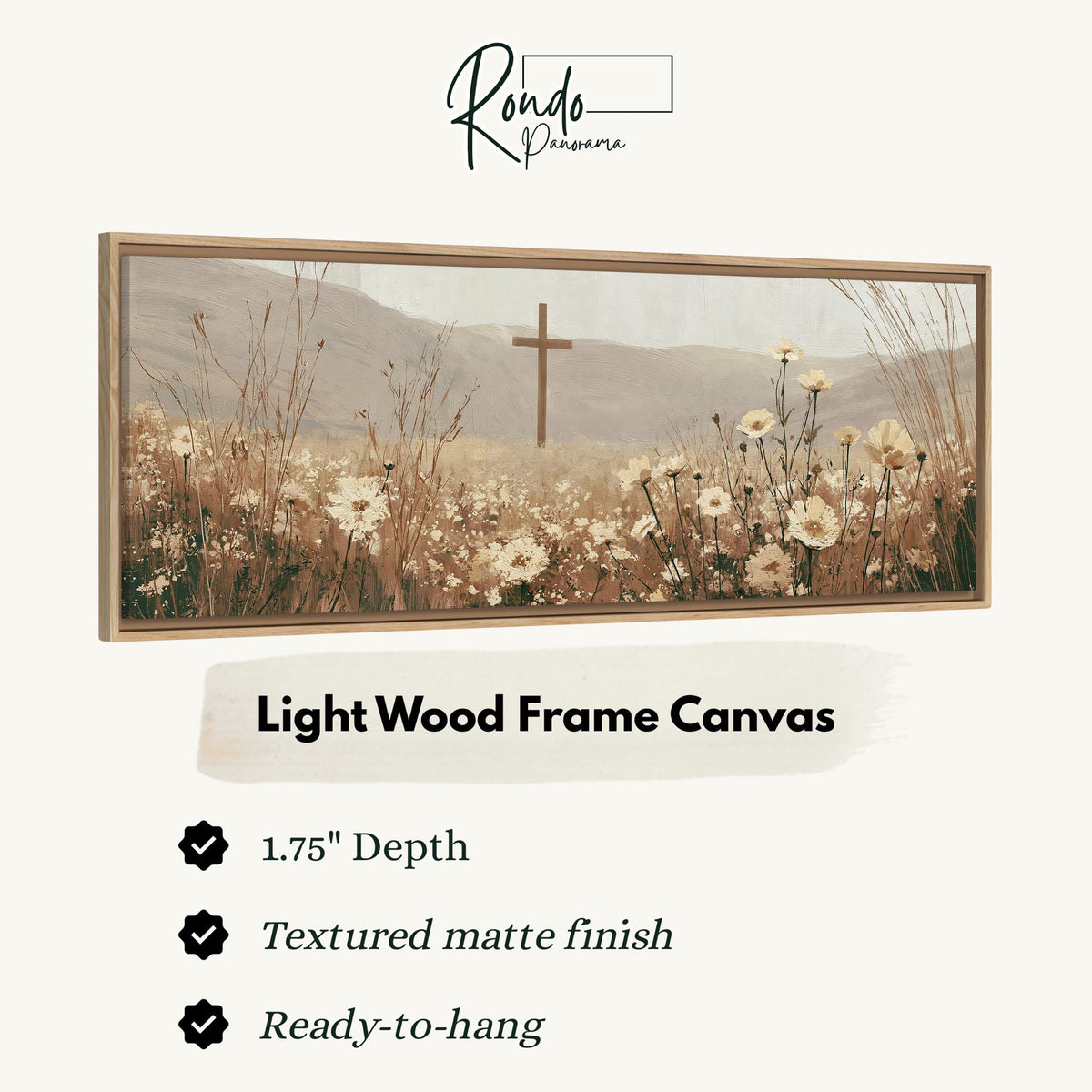 Wooden cross in a cream wildflower field canvas print in a light wood floating frame