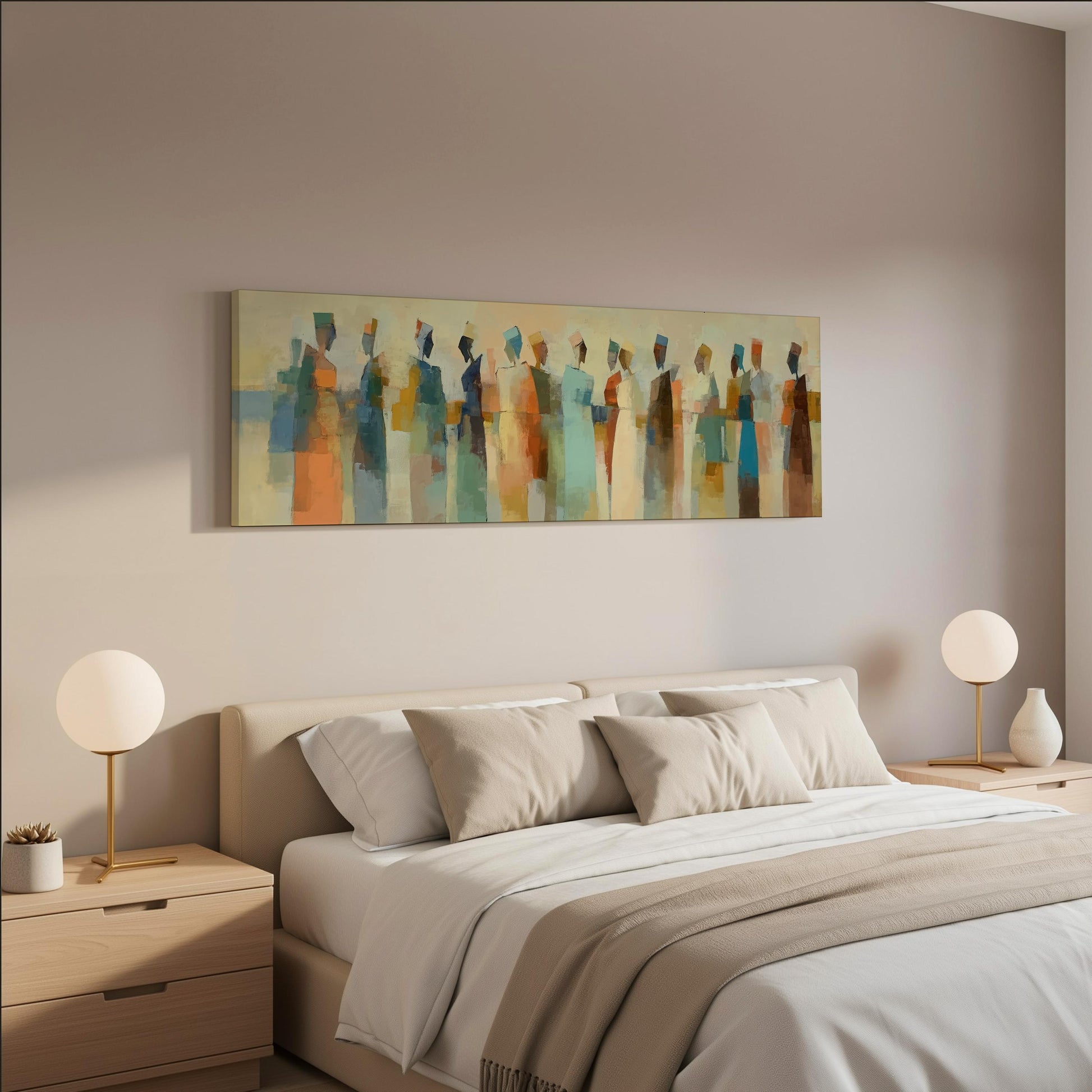 a modern bedroom with a large bed, two nightstands with lamps, and a painting hanging above the bed.