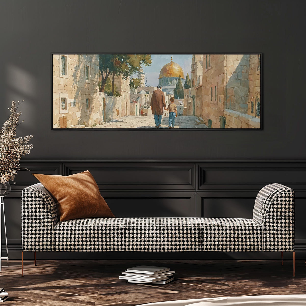 Jerusalem old city street with the golden dome wide panoramic canvas print above a bench in a dark living room