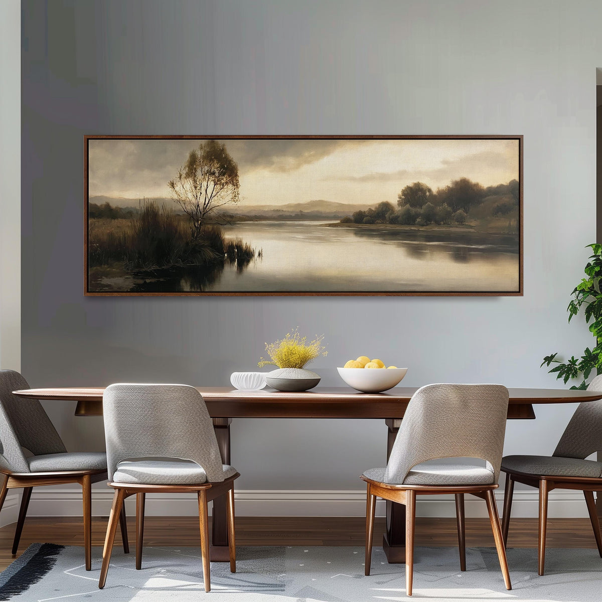 Misty river reflection at dusk long horizontal canvas print above a dining table