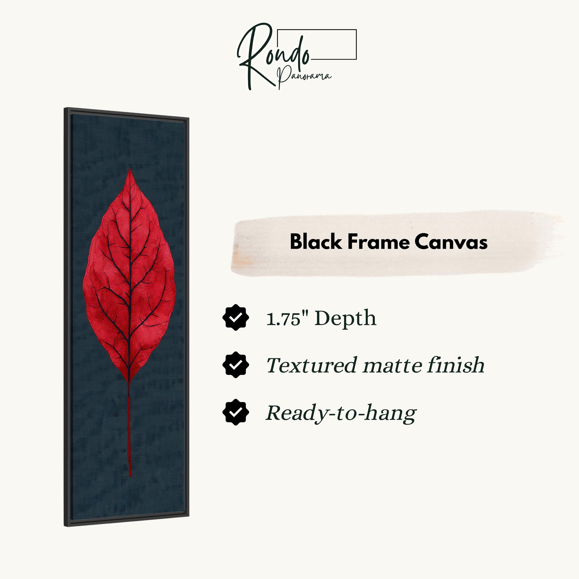 The image is a black frame canvas featuring a red leaf on a black background.