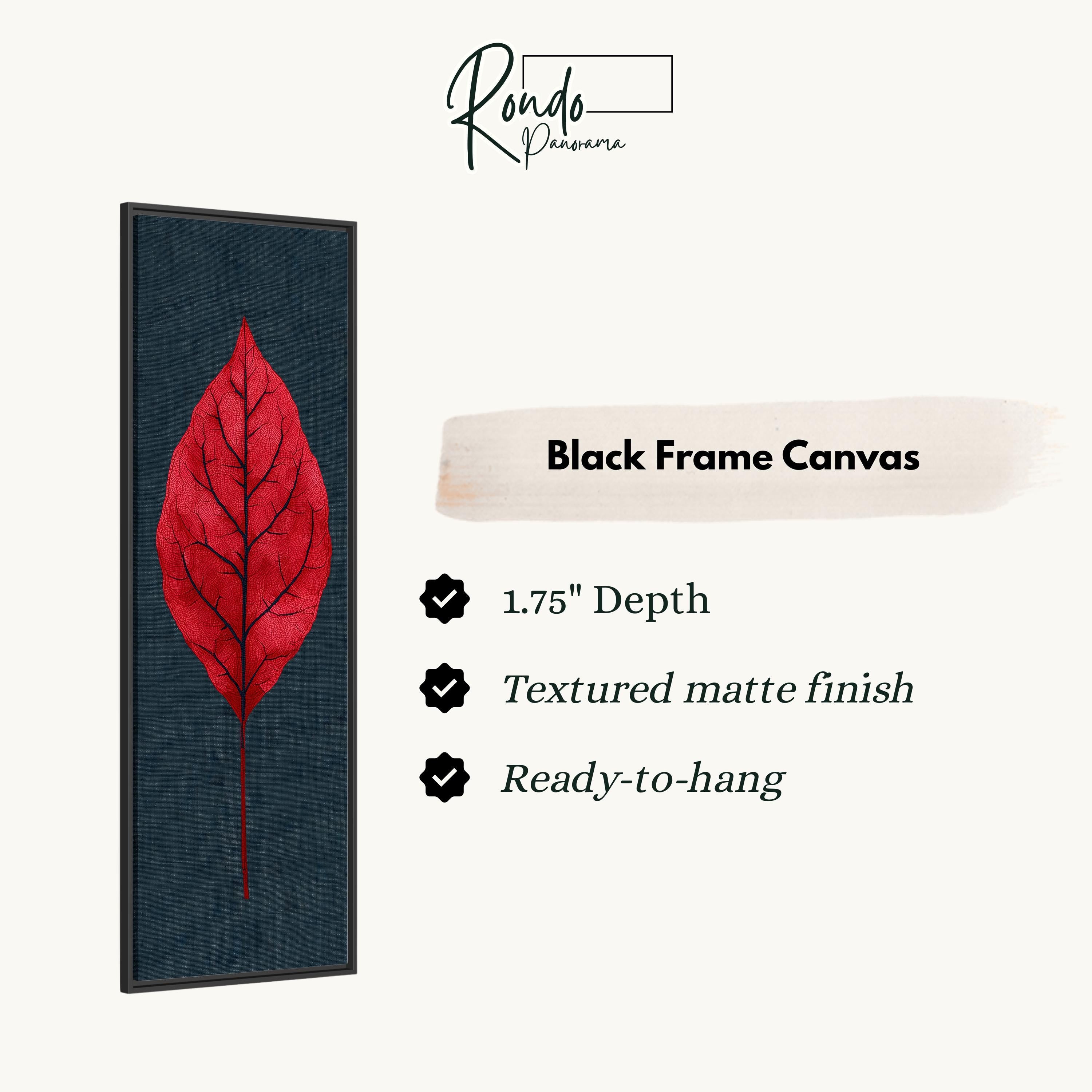 The image is a black frame canvas featuring a red leaf on a black background.