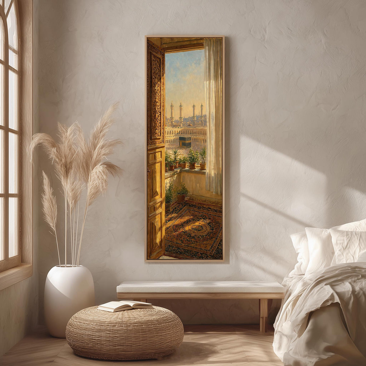 View of Mecca from an ornate window long vertical canvas print in a bright reading corner