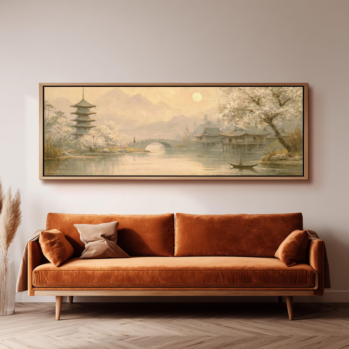 Pagoda and stone bridge at dusk panoramic canvas print above a sofa in a living room