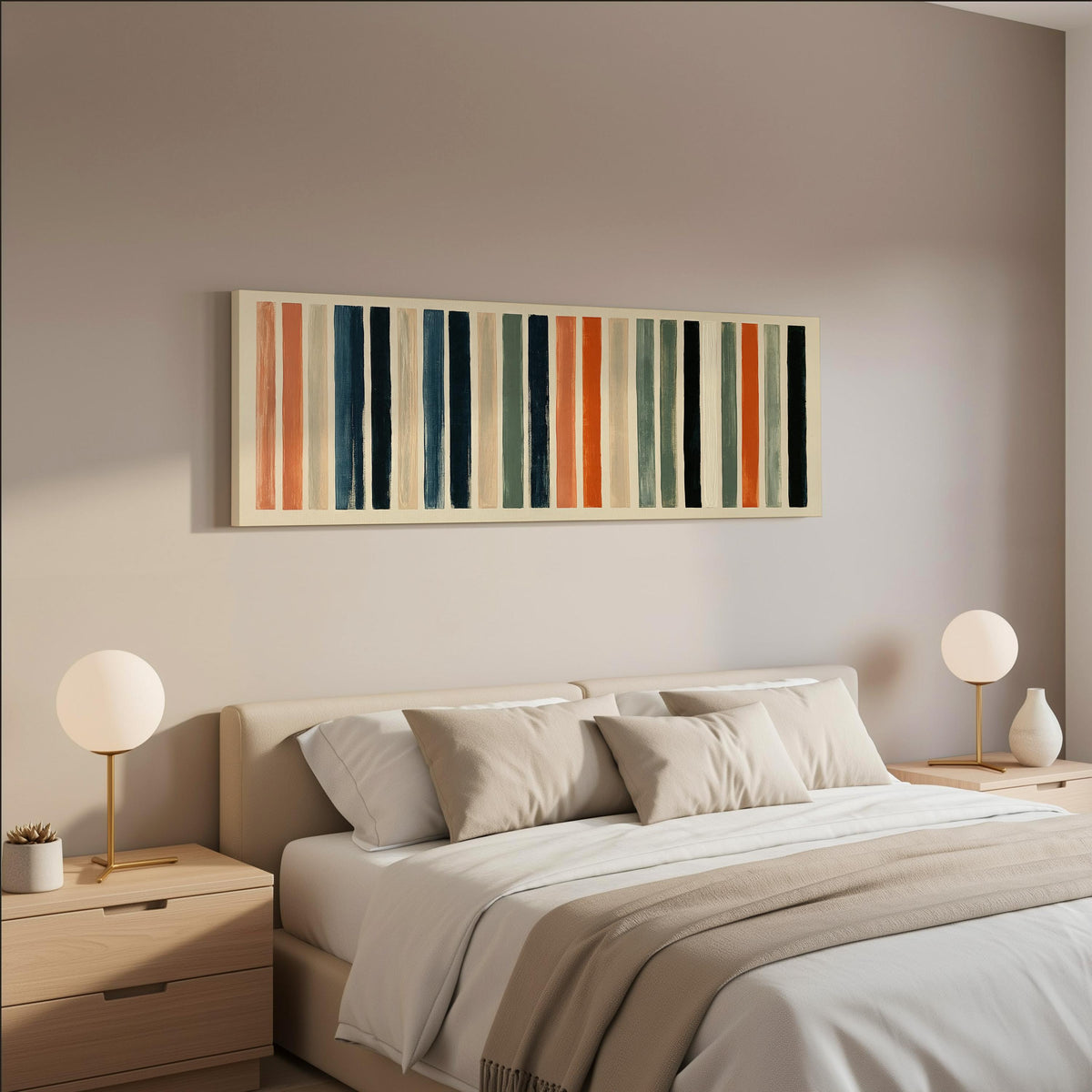 Bold peach, sage and navy stripes wide panoramic canvas print above a bed in a neutral bedroom