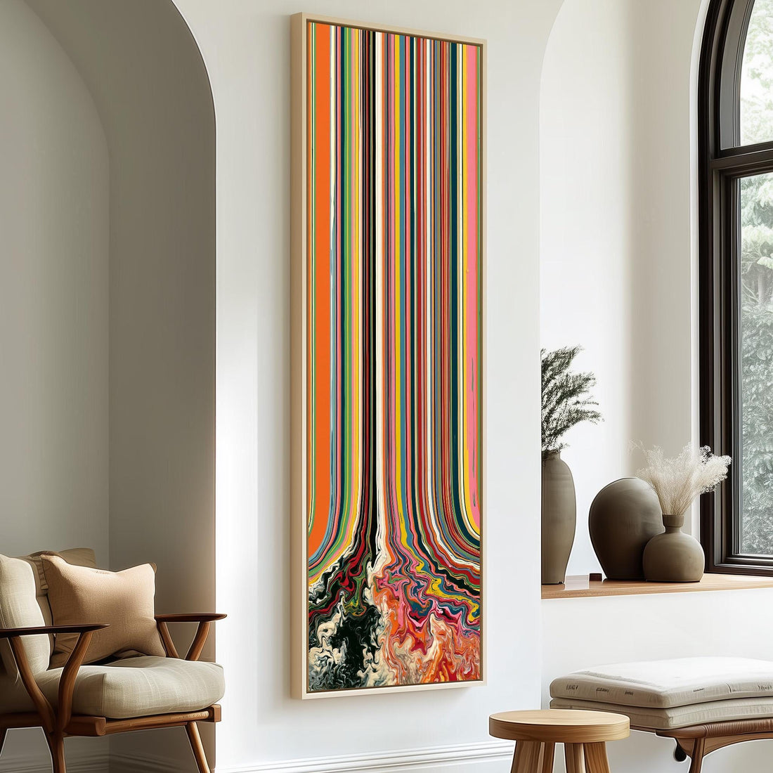 Rainbow stripes melting into swirls long vertical canvas print in a sunlit living space