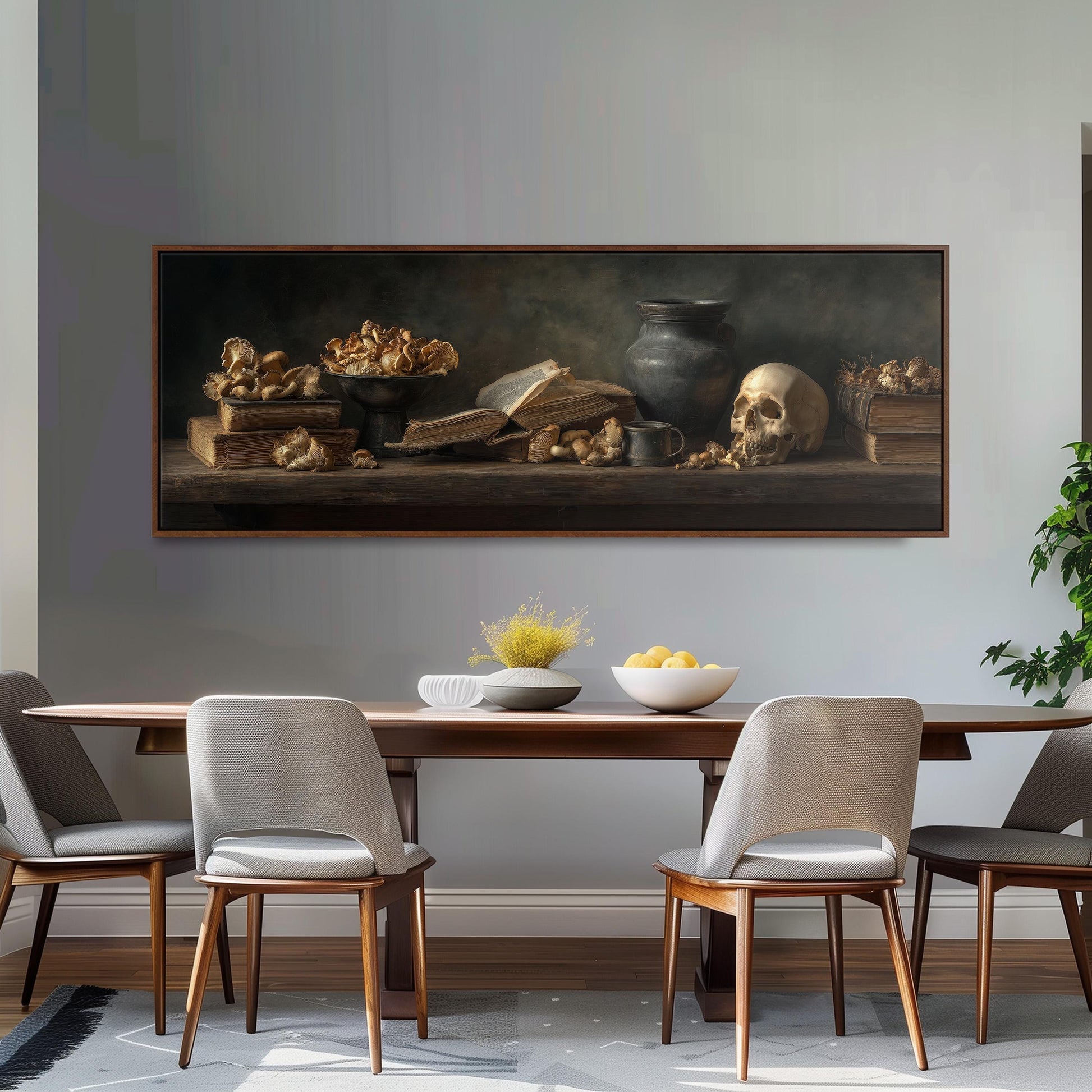 a dining room with a wooden table and four chairs. Above the table, there is a large painting depicting a still life arrangement with a skull, books, and a vase.