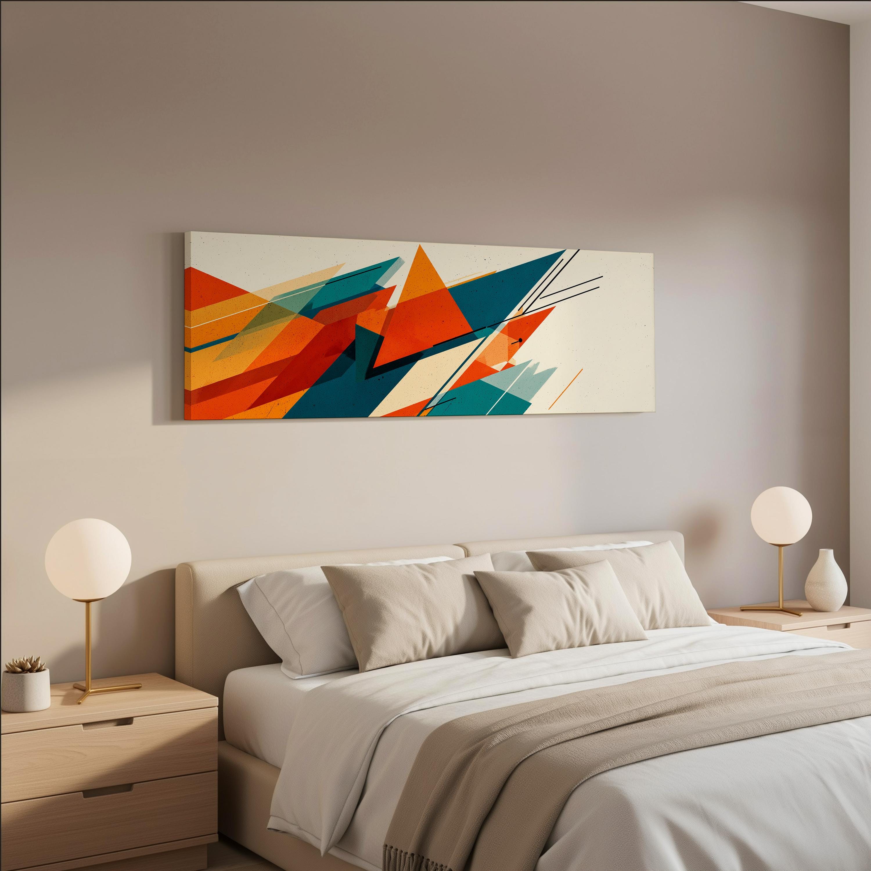 a modern bedroom with a large bed, two nightstands with lamps, and a colorful abstract painting hanging above the bed.
