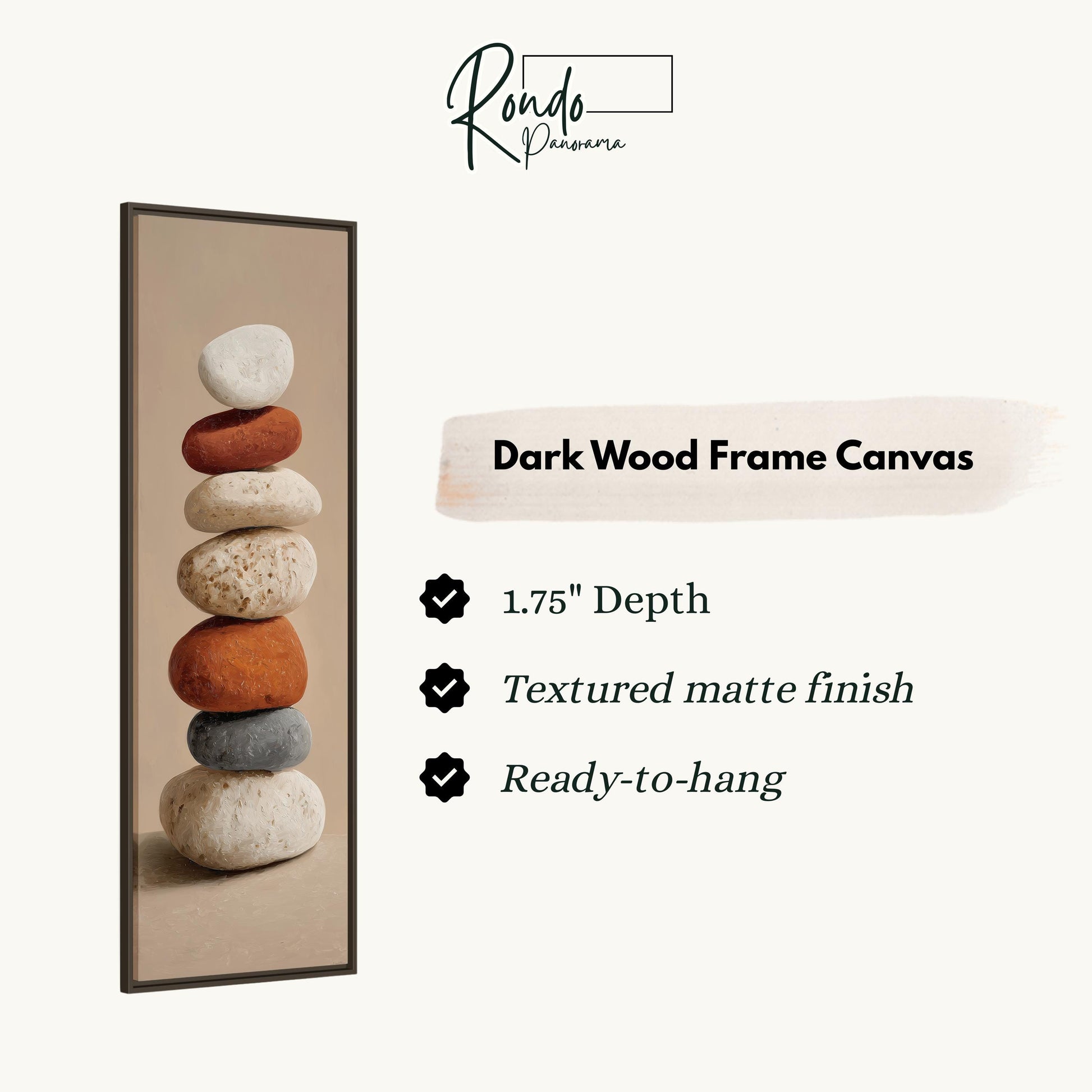 a dark wood frame canvas with a stack of rocks on top of it.