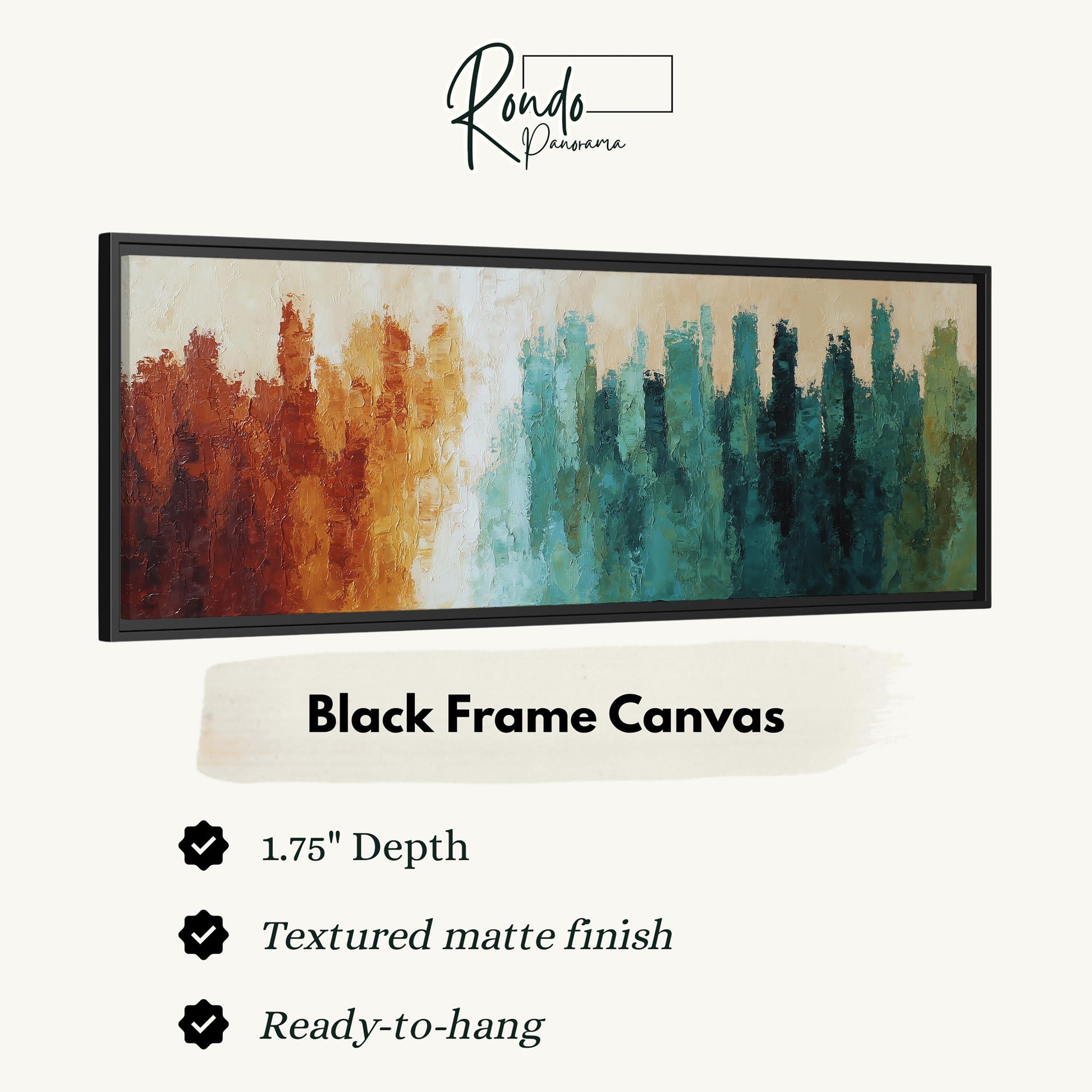 The image is a black frame canvas with a painting of a cityscape in various shades of green, orange, and brown.