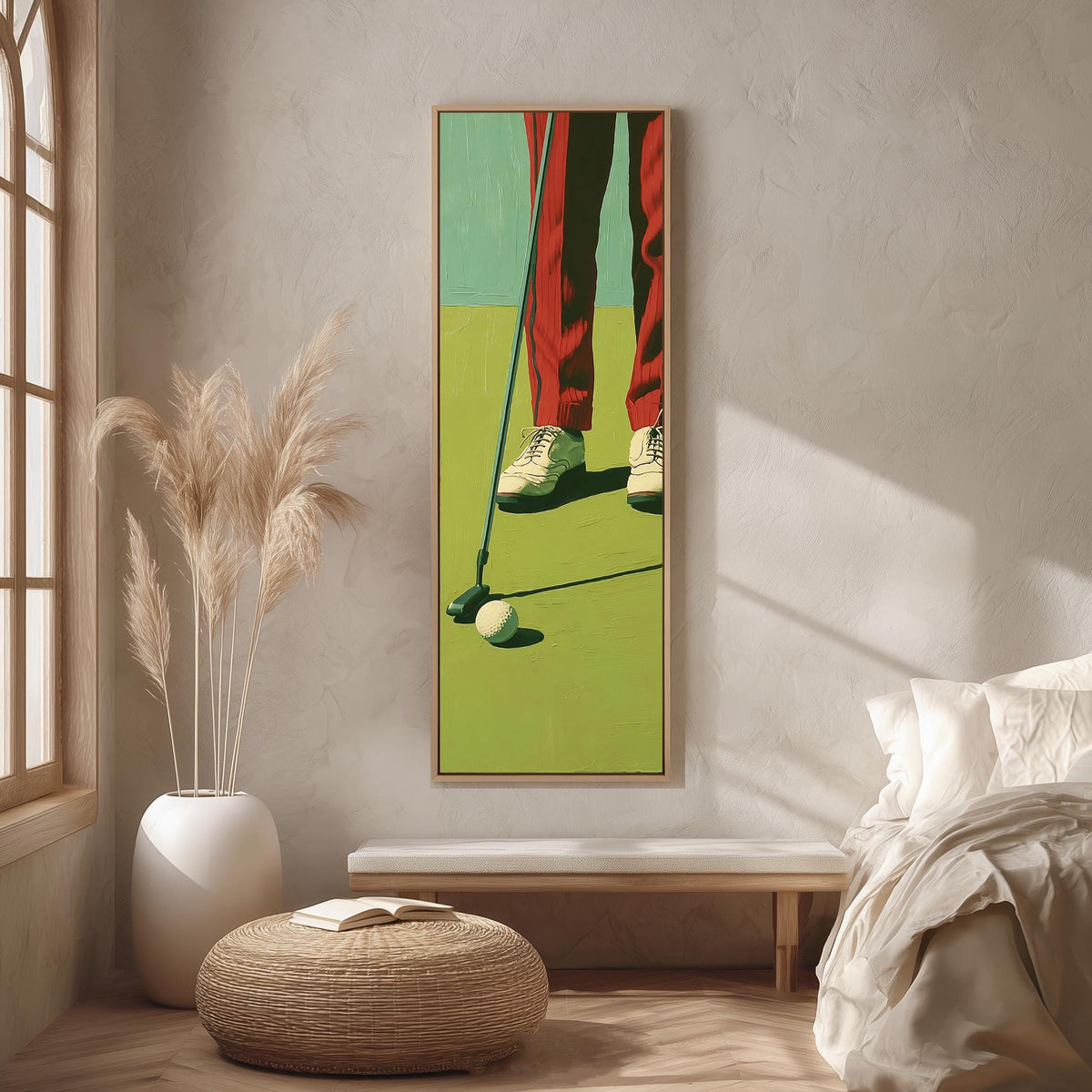 Golfer in red trousers lining up a putt long vertical canvas print in a bright reading corner