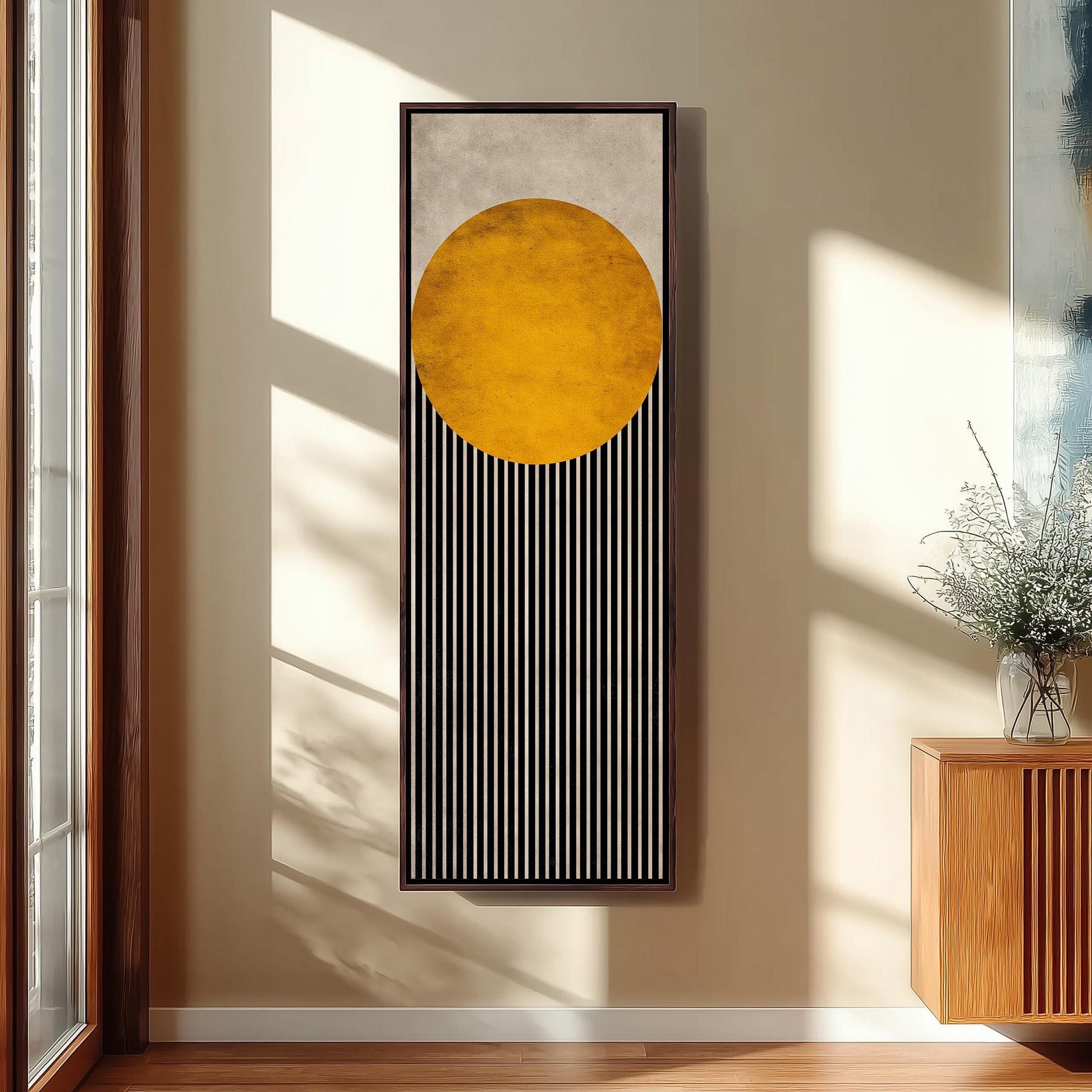 a large abstract painting hanging on a wall, with a striking black and white striped pattern. The painting is positioned next to a window, allowing natural light to illuminate the artwork.
