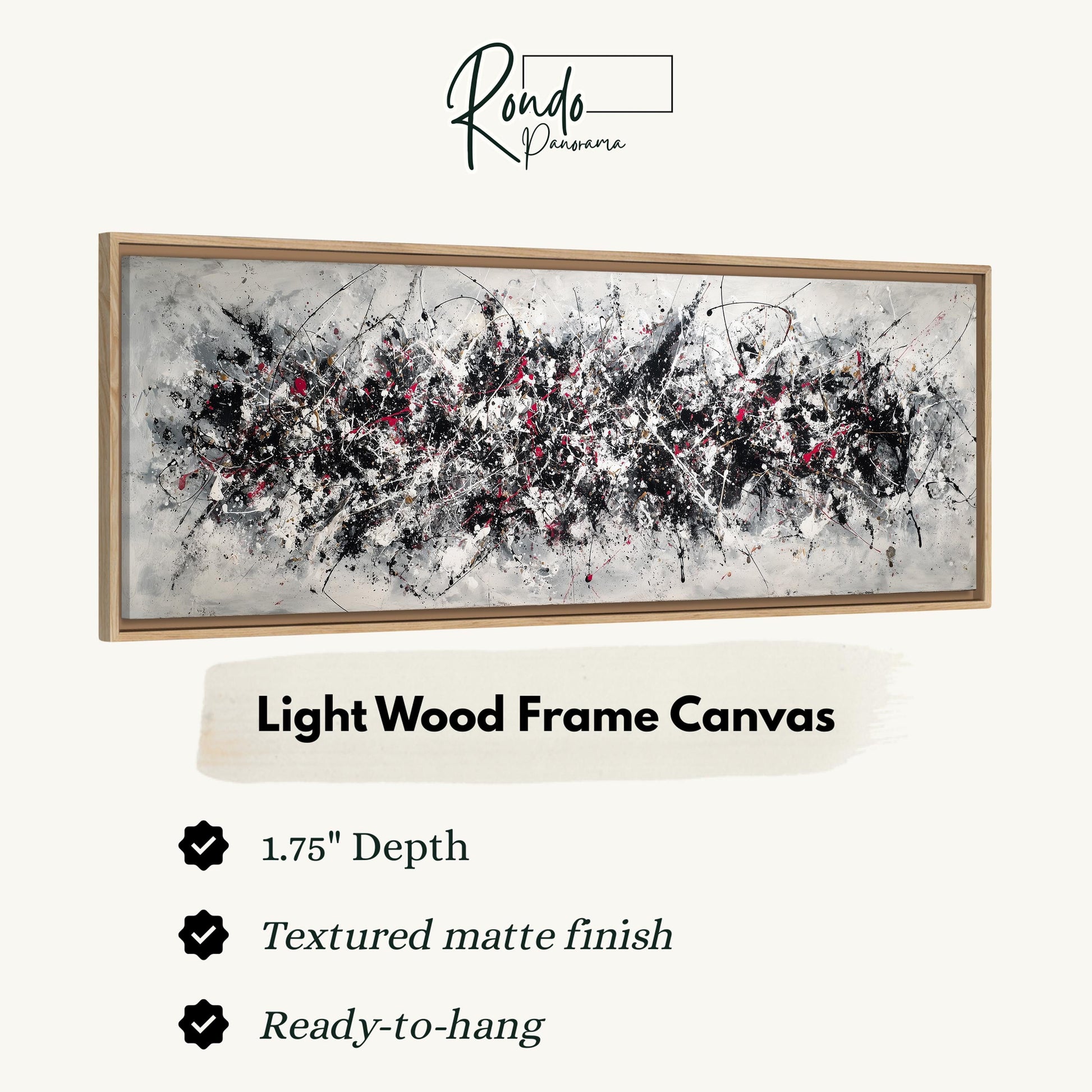 a large abstract painting in a light wood frame, with a text box providing information about the artwork.