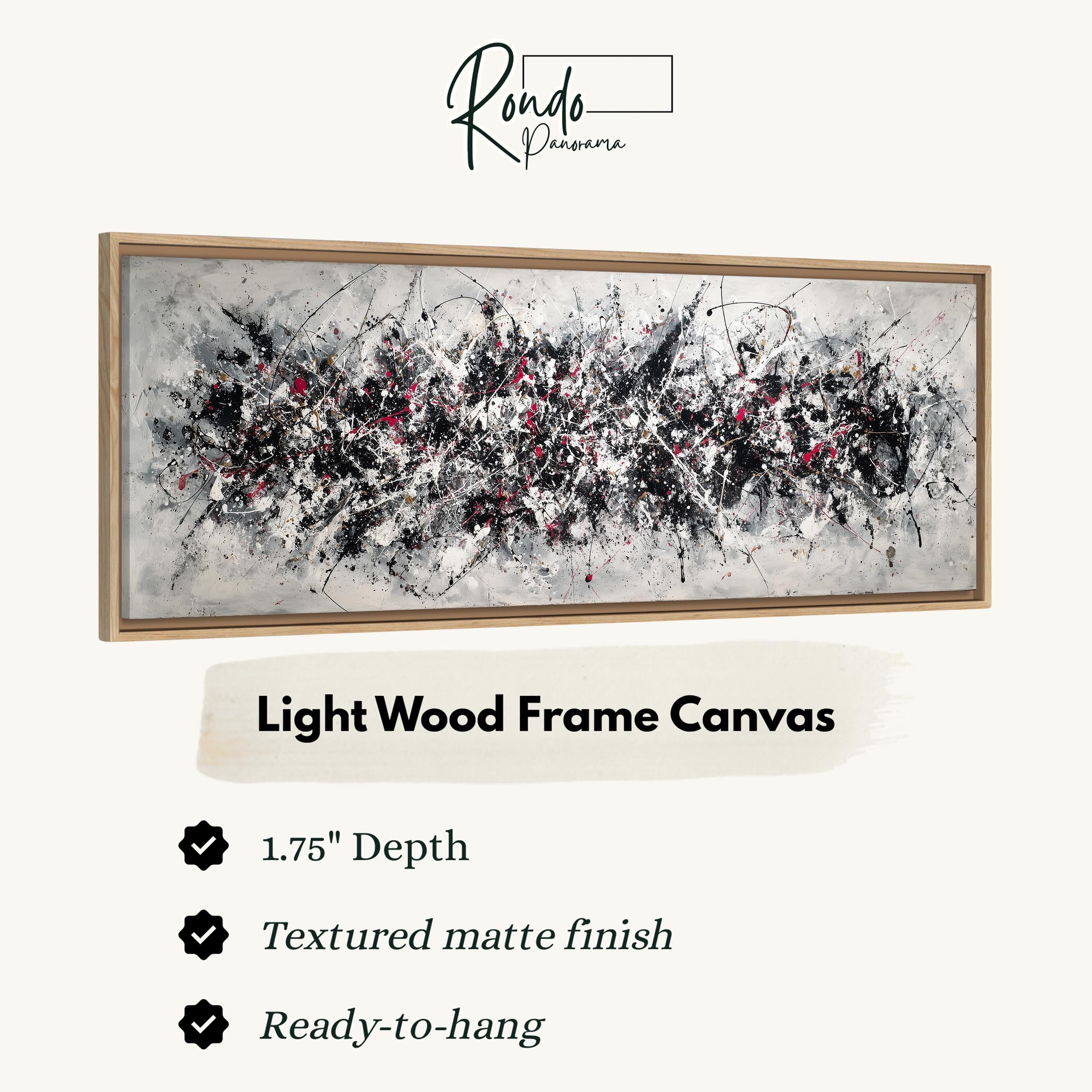 a large abstract painting in a light wood frame, with a text box providing information about the artwork.