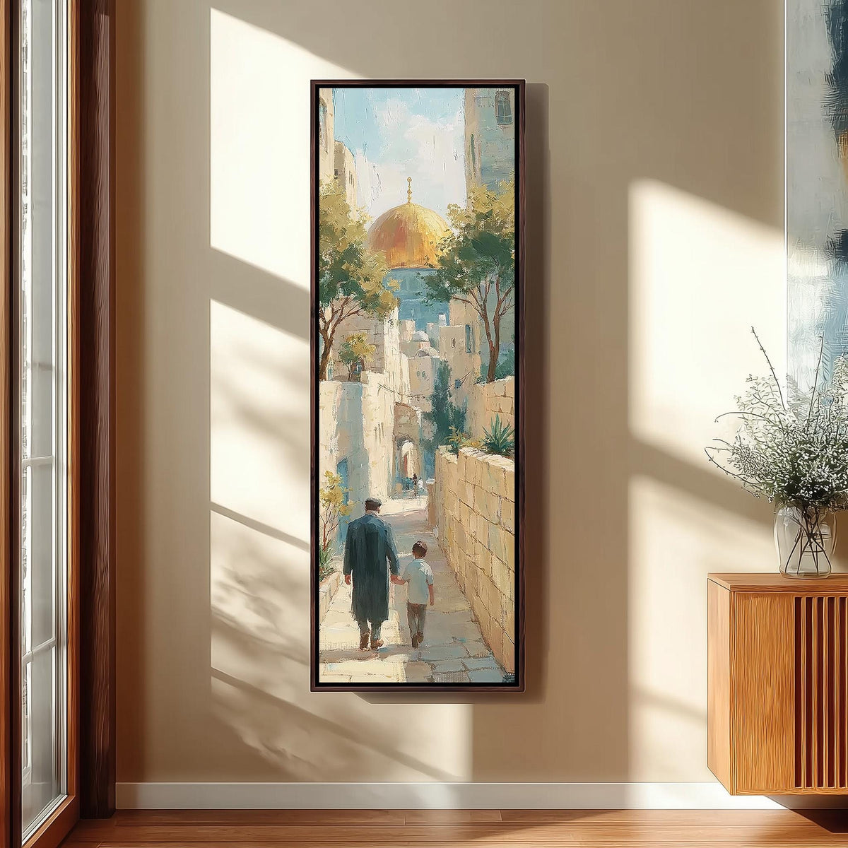 Father and child in a Jerusalem alley toward the golden dome tall narrow canvas print beside a staircase in an entryway